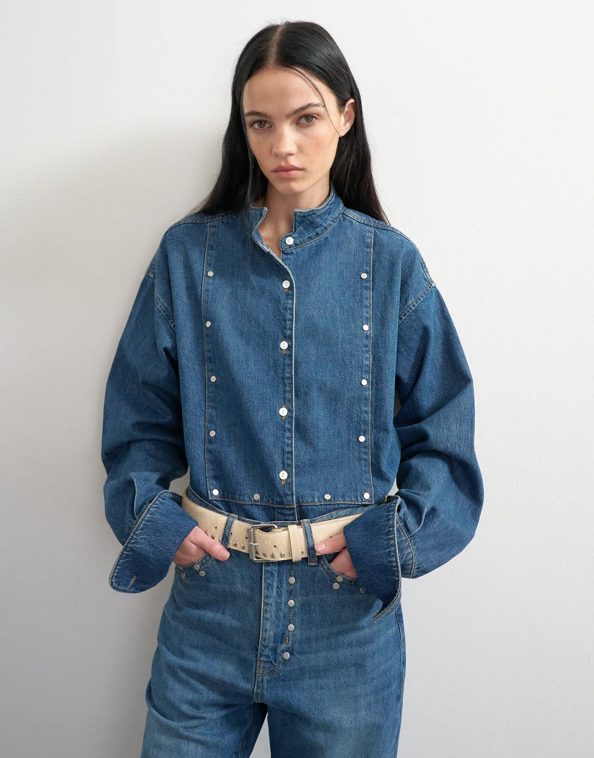 Topshop x Talia Byre premium hair on real leather studded belt in ecru with burgundy backing