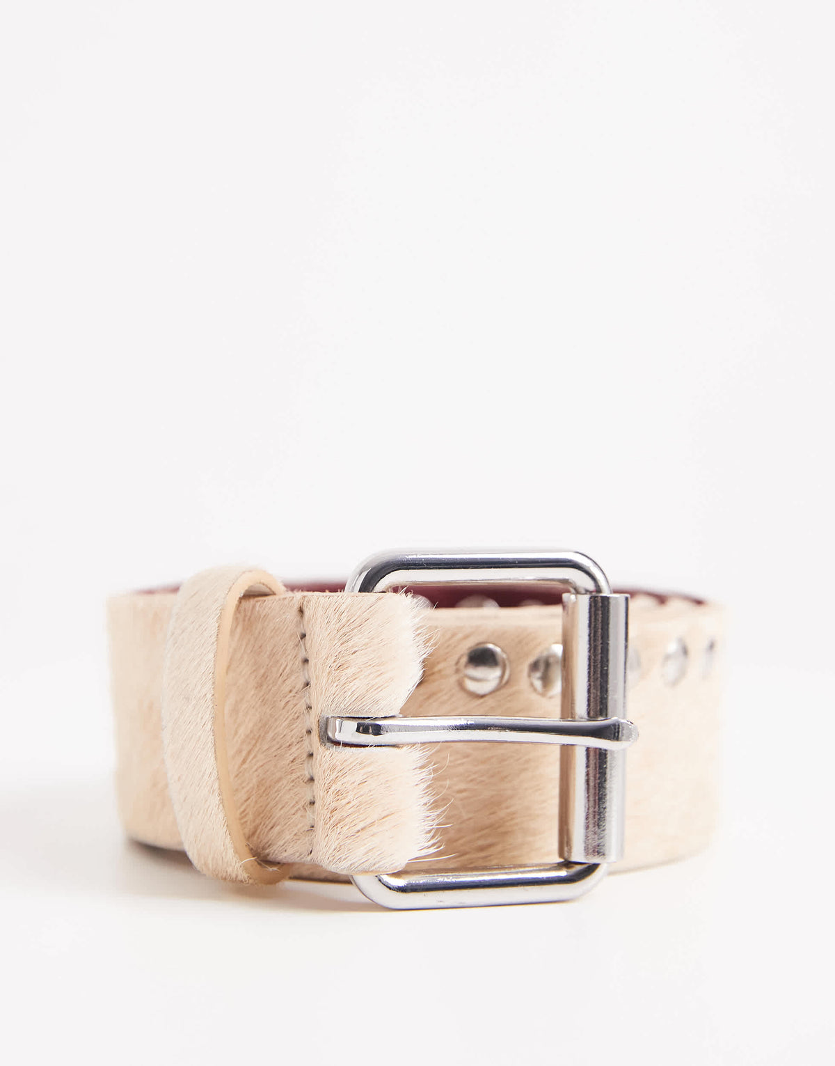 Topshop x Talia Byre premium hair on real leather studded belt in ecru with burgundy backing