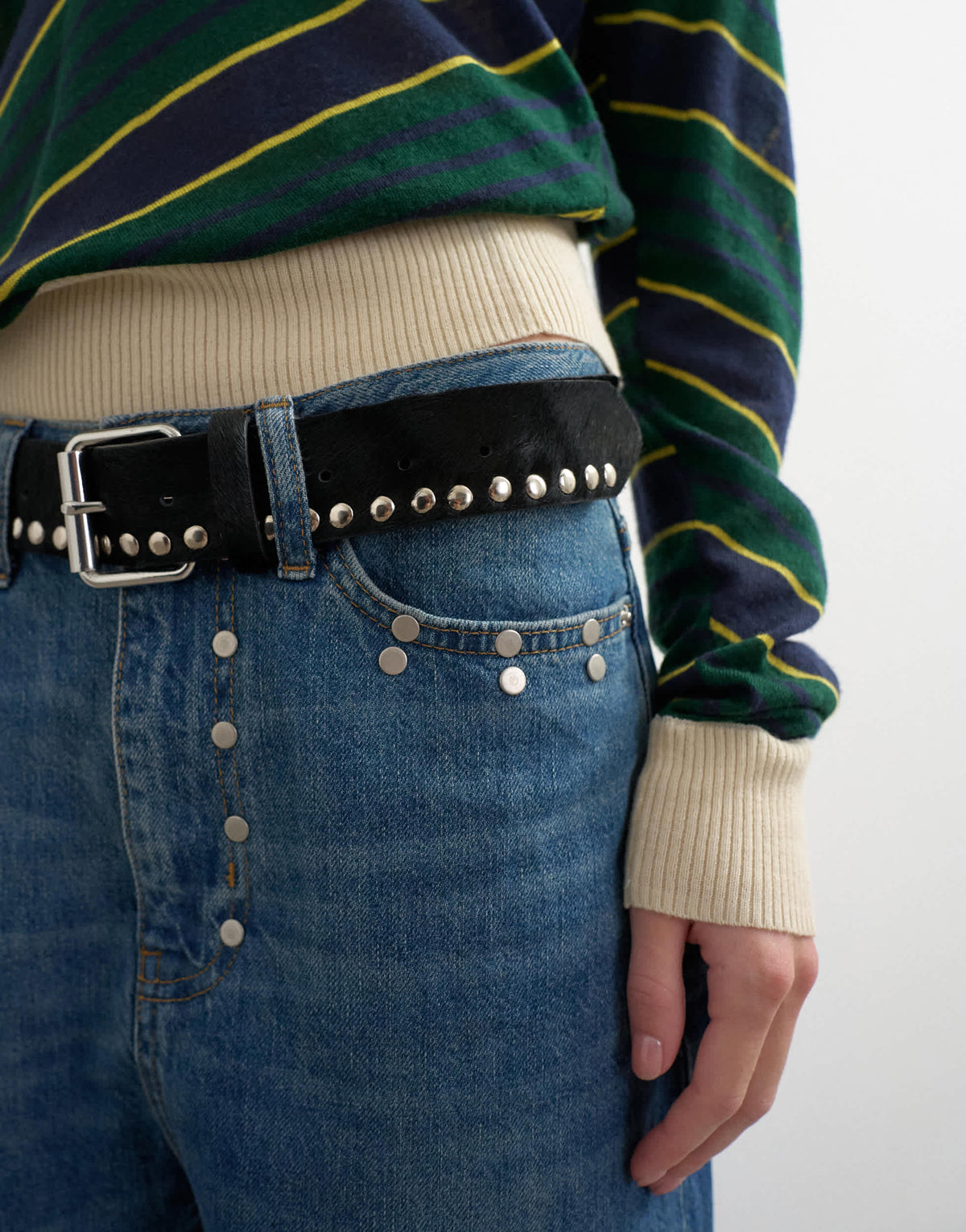 Topshop x Talia Byre premium hair on real leather studded belt in black with navy backing