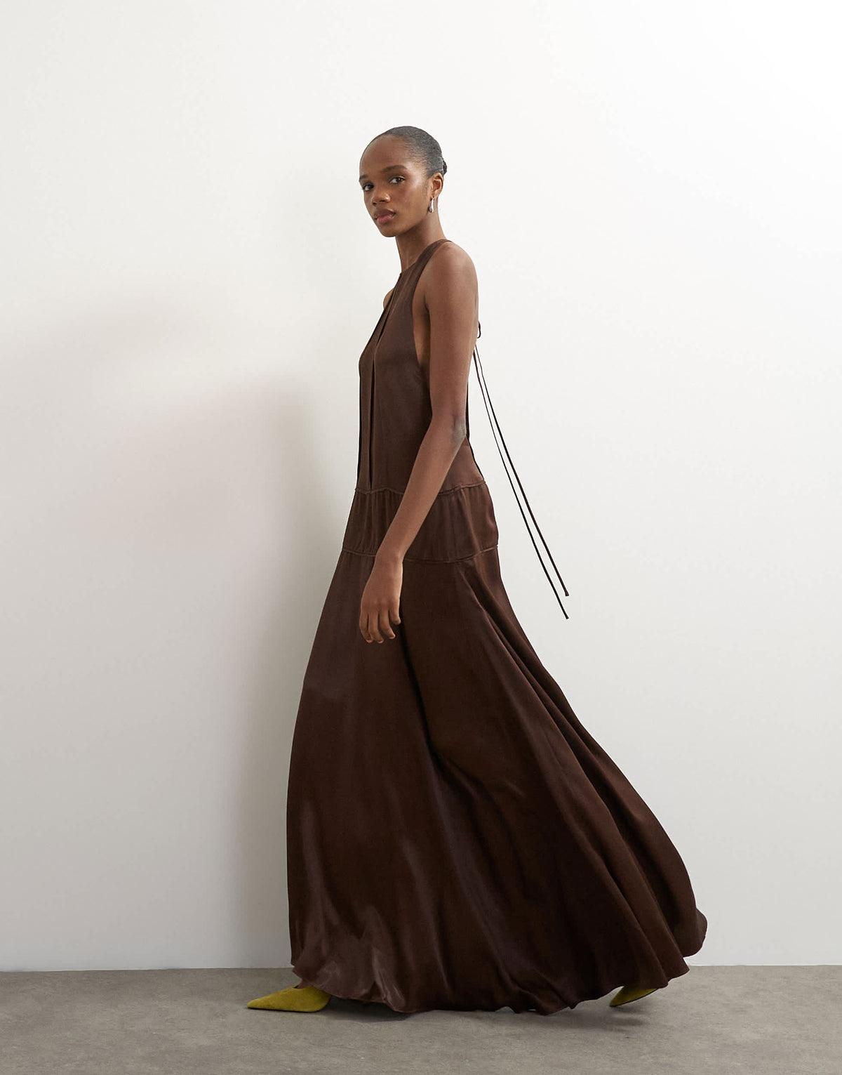 Topshop satin dropped waist low armhole maxi dress in chocolate