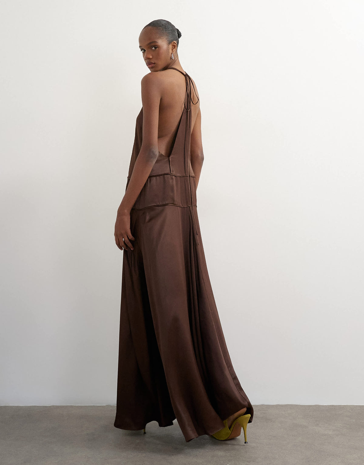 Topshop satin dropped waist low armhole maxi dress in chocolate