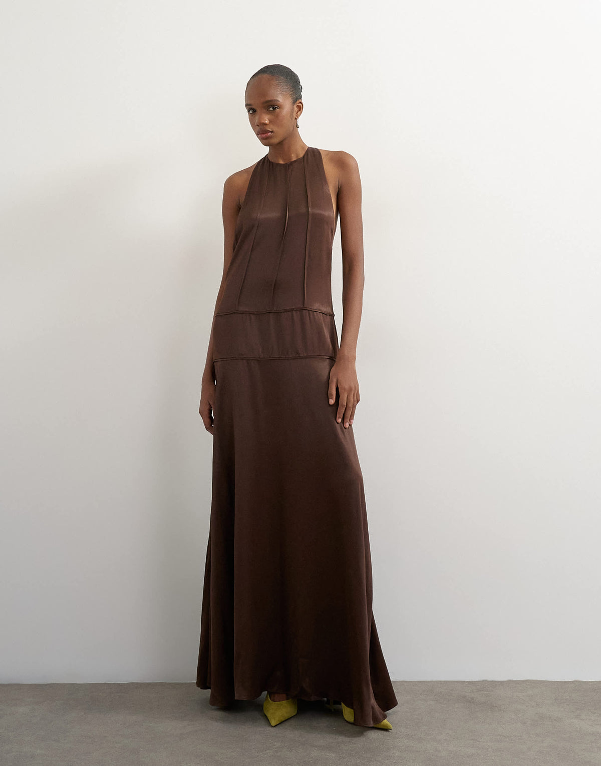 Topshop satin dropped waist low armhole maxi dress in chocolate
