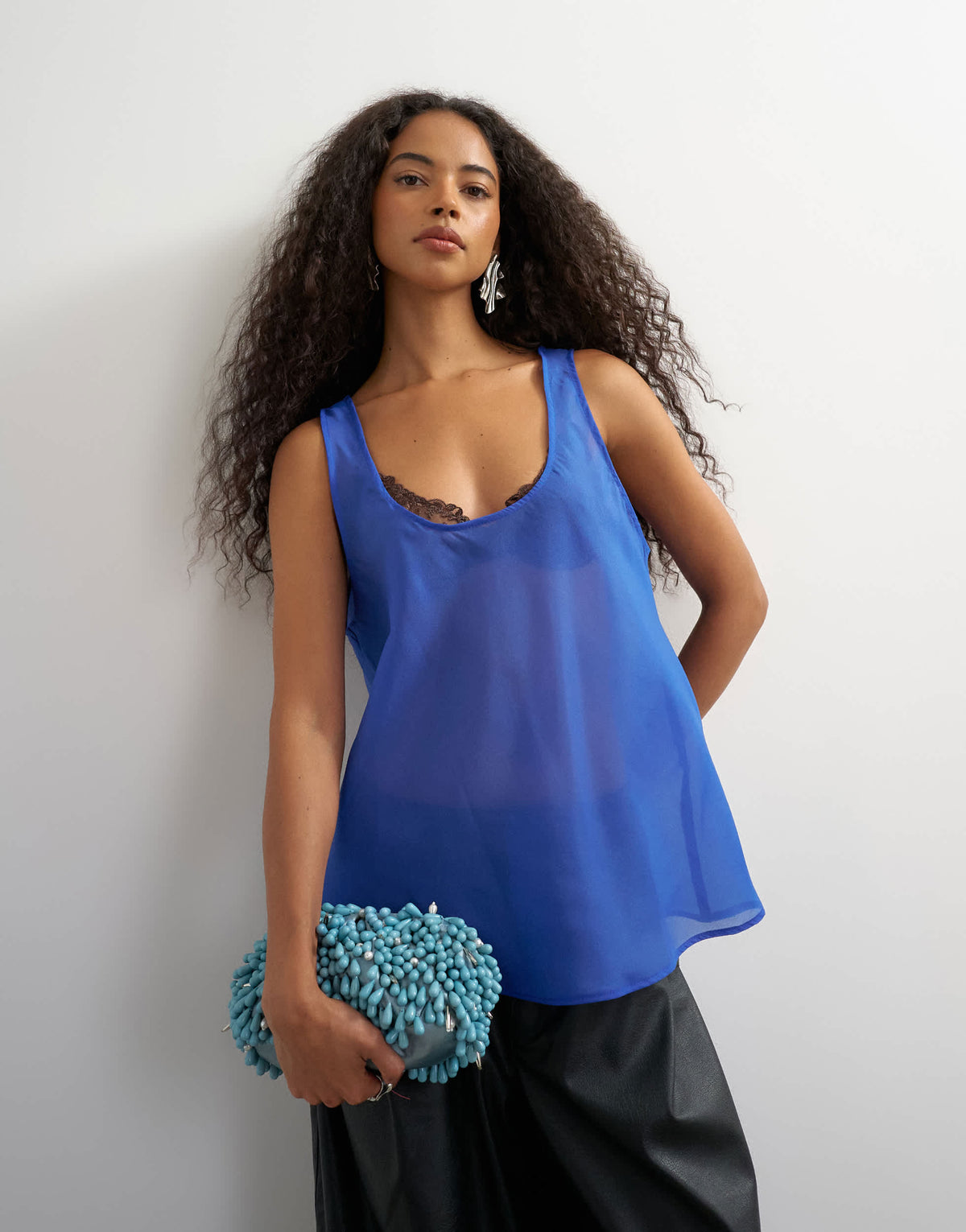 Topshop sleeveless organza scoop vest in cobalt blue