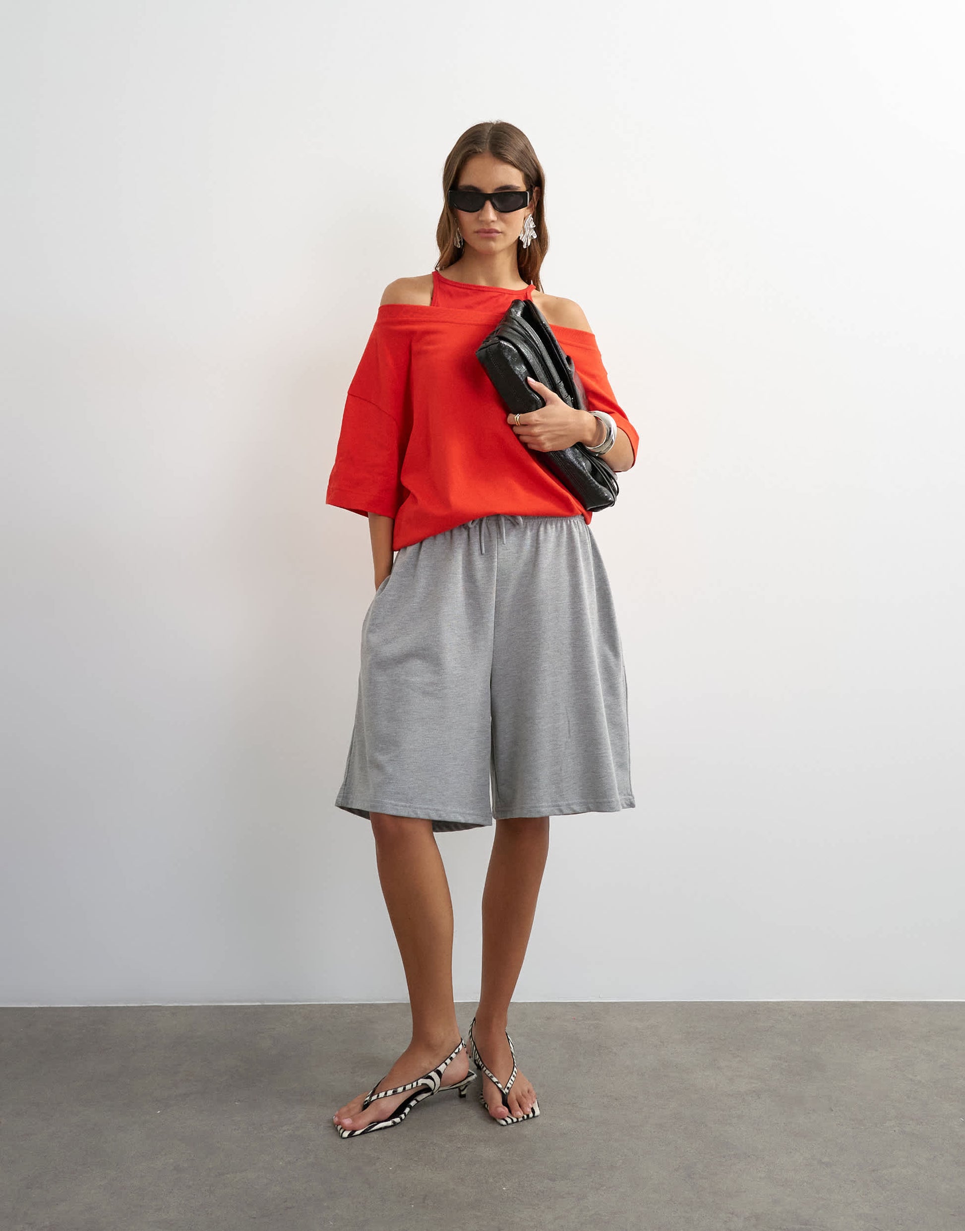 Topshop washed long line tie detail shorts in grey marl