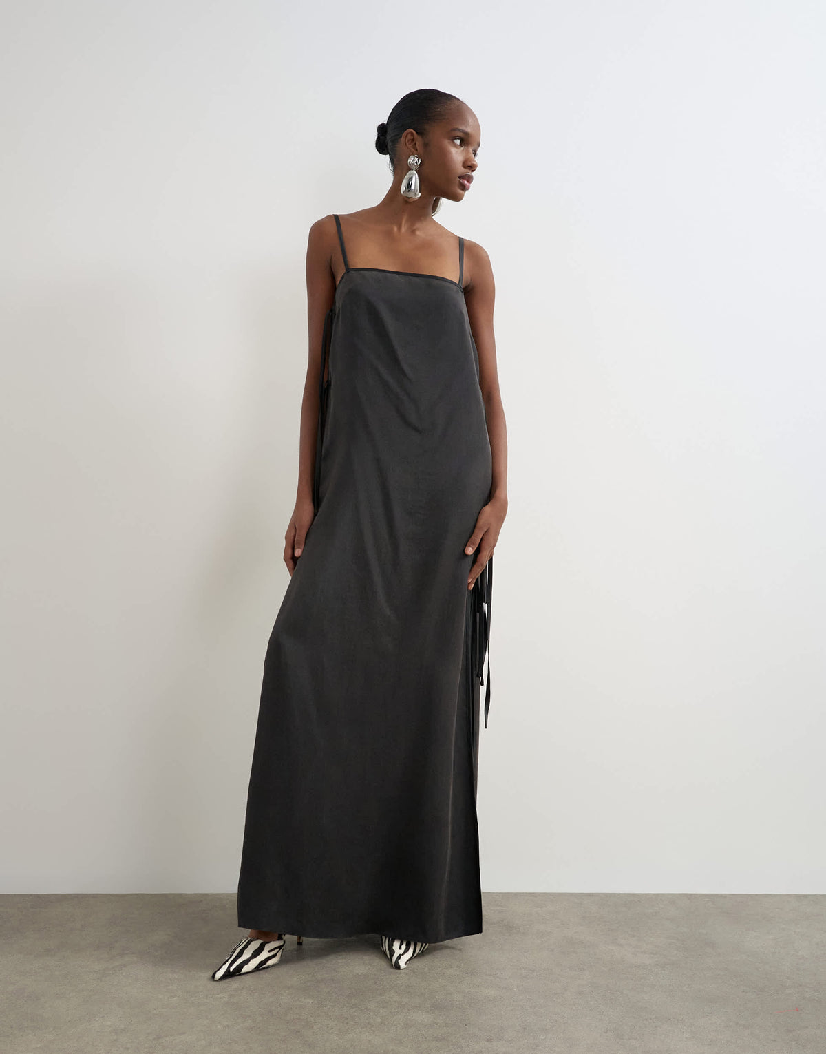 Topshop premium silk touch unlined maxi slip dress with satin tie side details in black