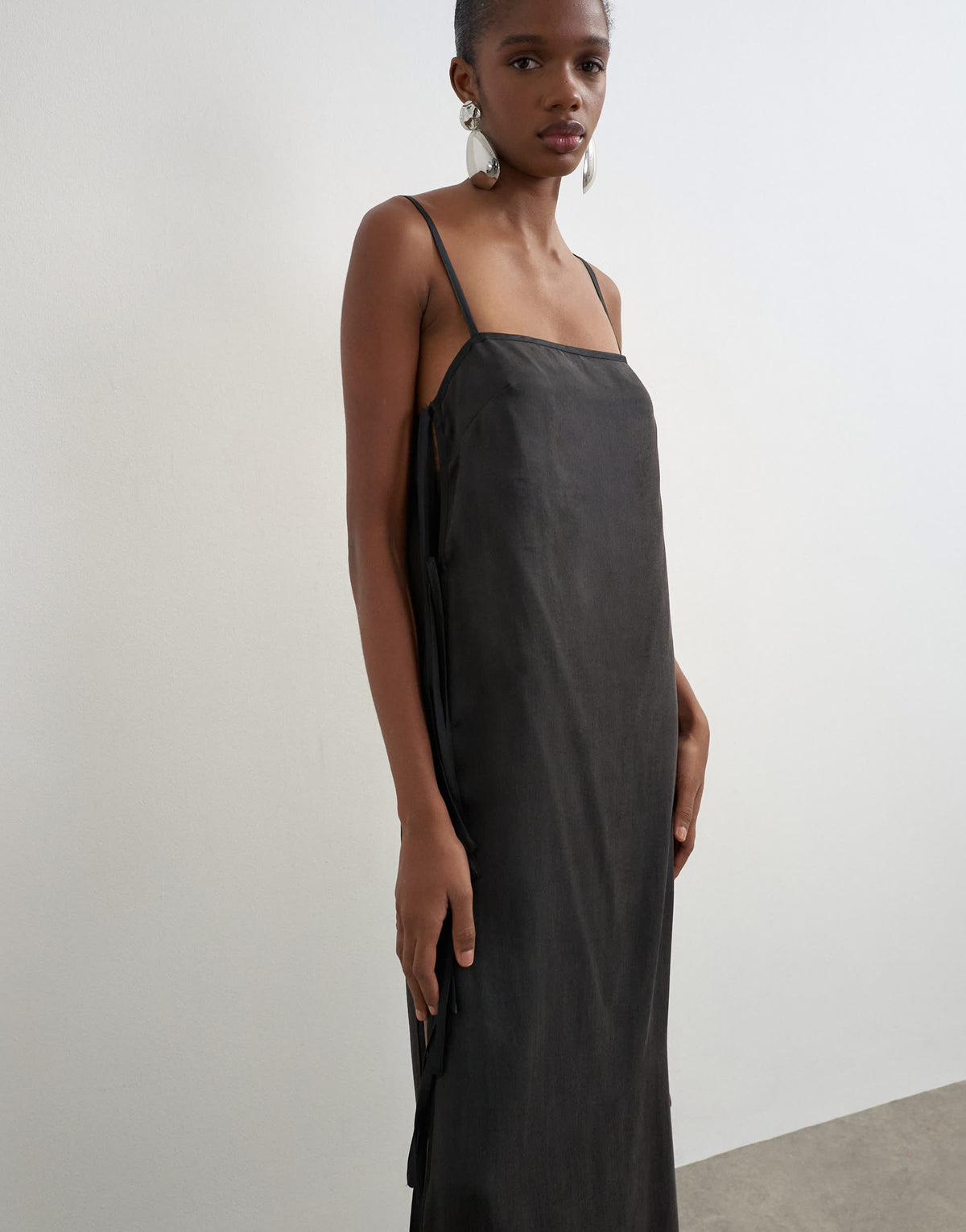 Topshop premium silk touch unlined maxi slip dress with satin tie side details in black