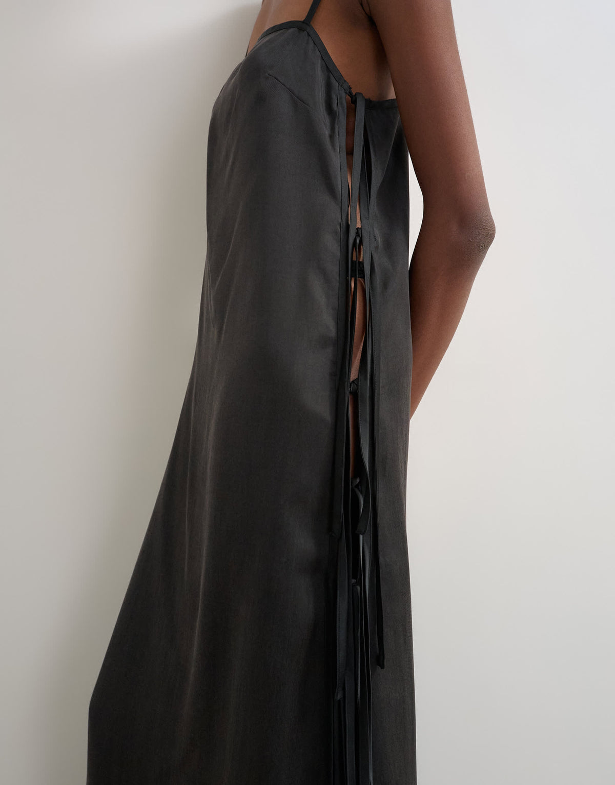 Topshop premium silk touch unlined maxi slip dress with satin tie side details in black