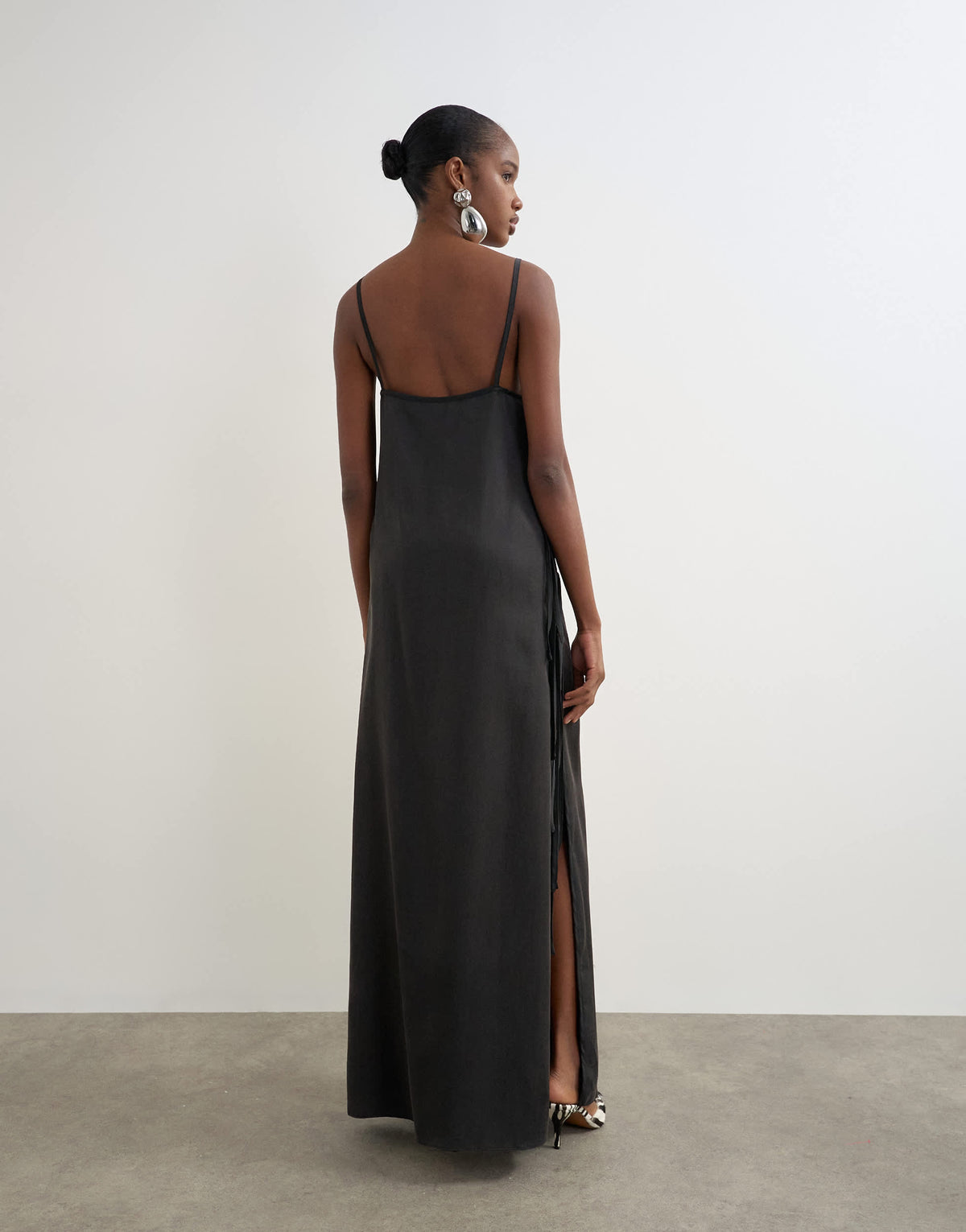 Topshop premium silk touch unlined maxi slip dress with satin tie side details in black
