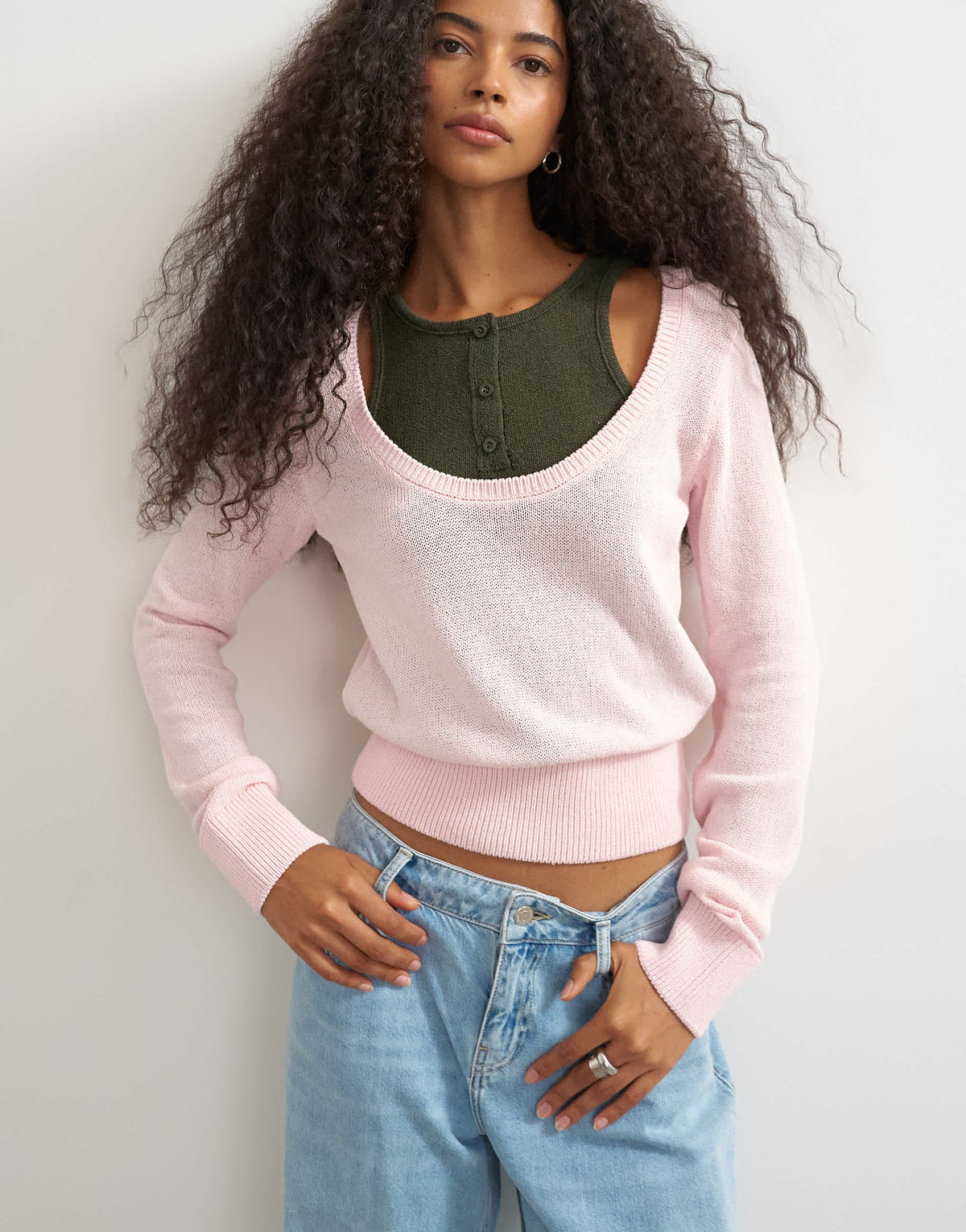 Topshop knitted double layer henley vest jumper in khaki and pink