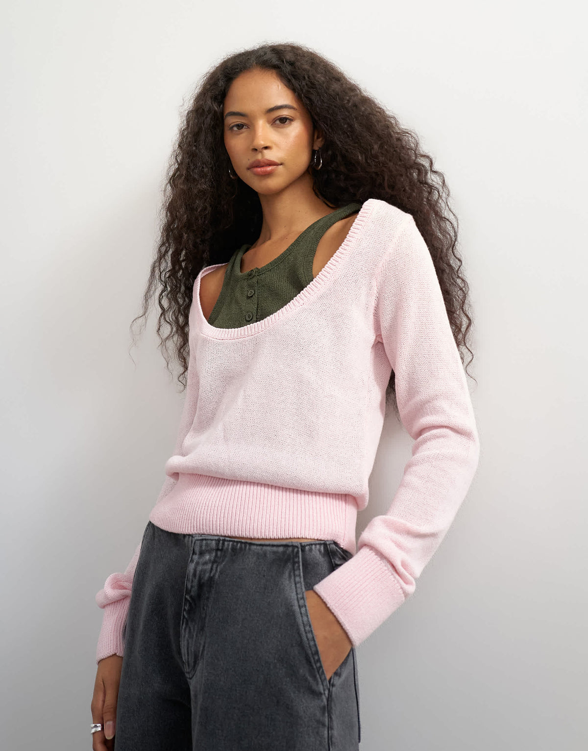 Topshop knitted double layer henley vest jumper in khaki and pink