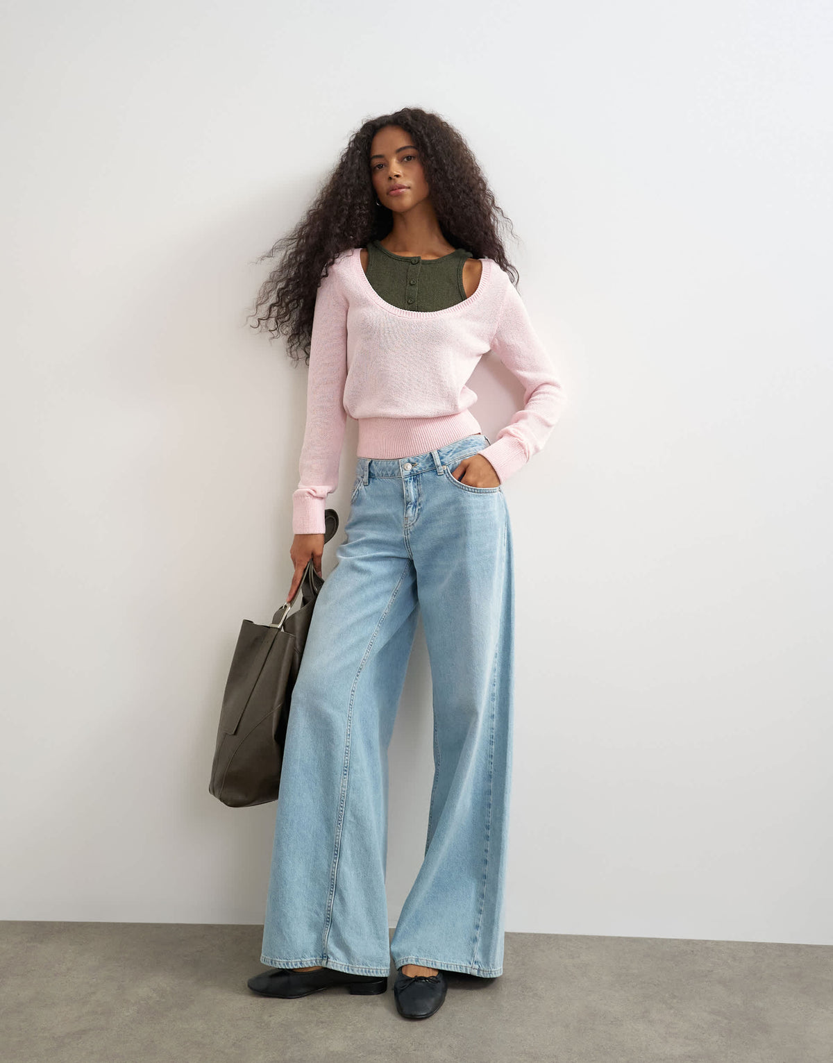 Topshop knitted double layer henley vest jumper in khaki and pink