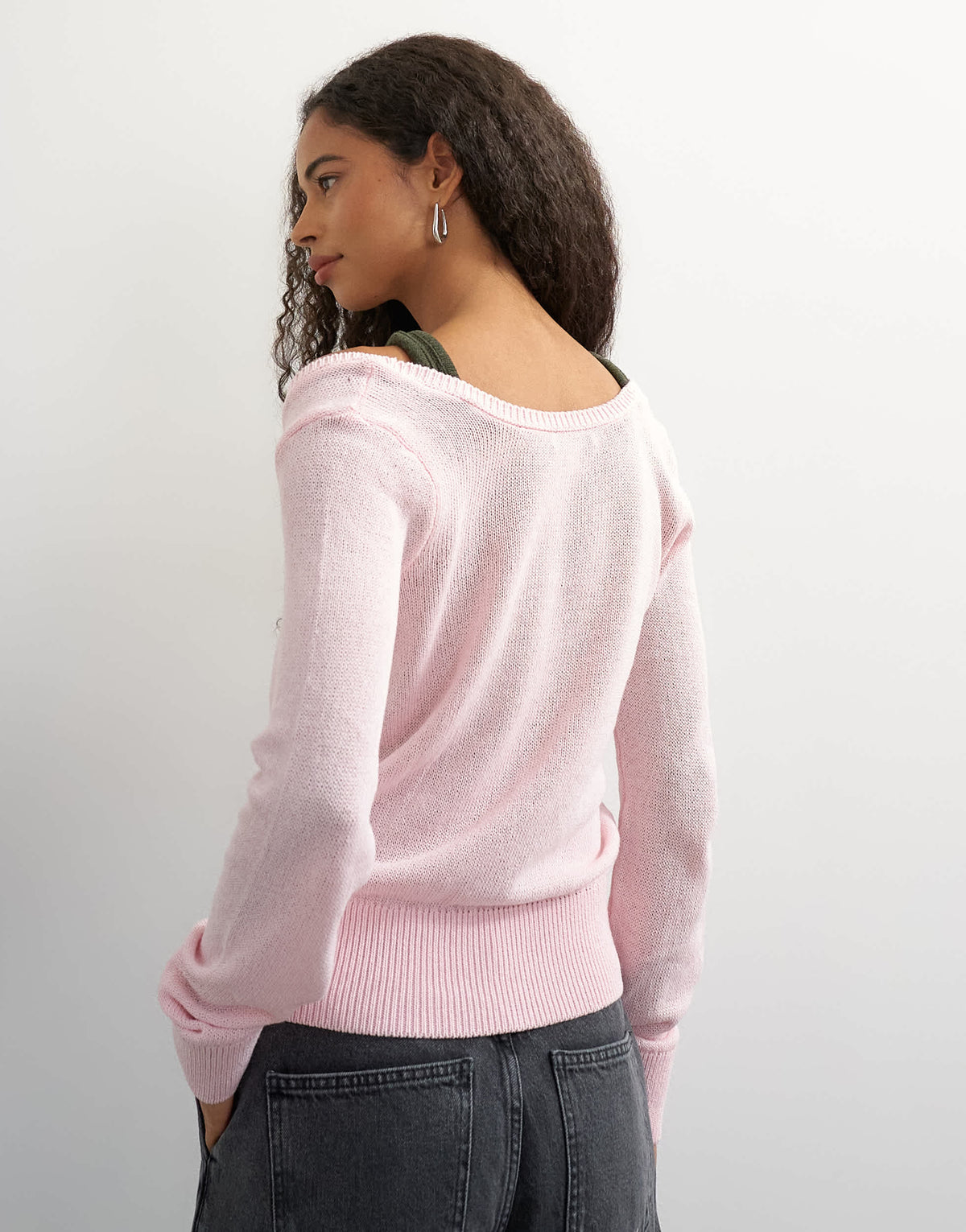 Topshop knitted double layer henley vest jumper in khaki and pink