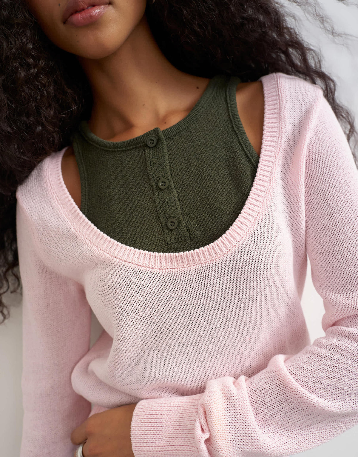 Topshop knitted double layer henley vest jumper in khaki and pink