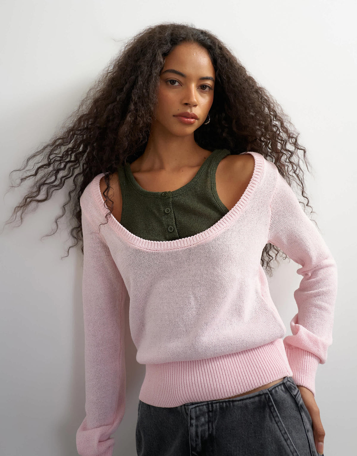 Topshop knitted double layer henley vest jumper in khaki and pink