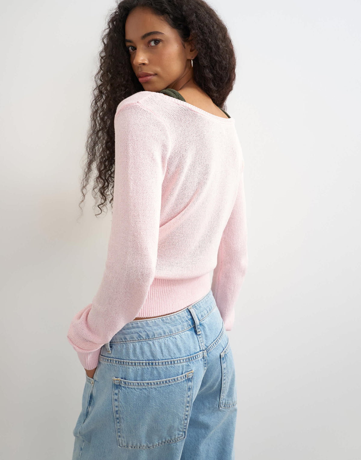 Topshop knitted double layer henley vest jumper in khaki and pink