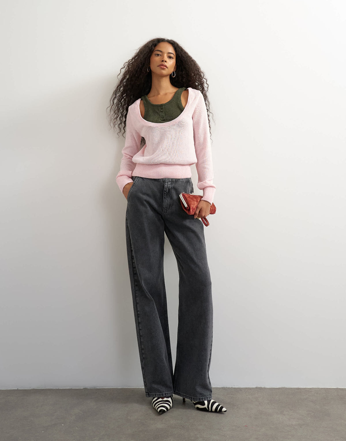 Topshop knitted double layer henley vest jumper in khaki and pink