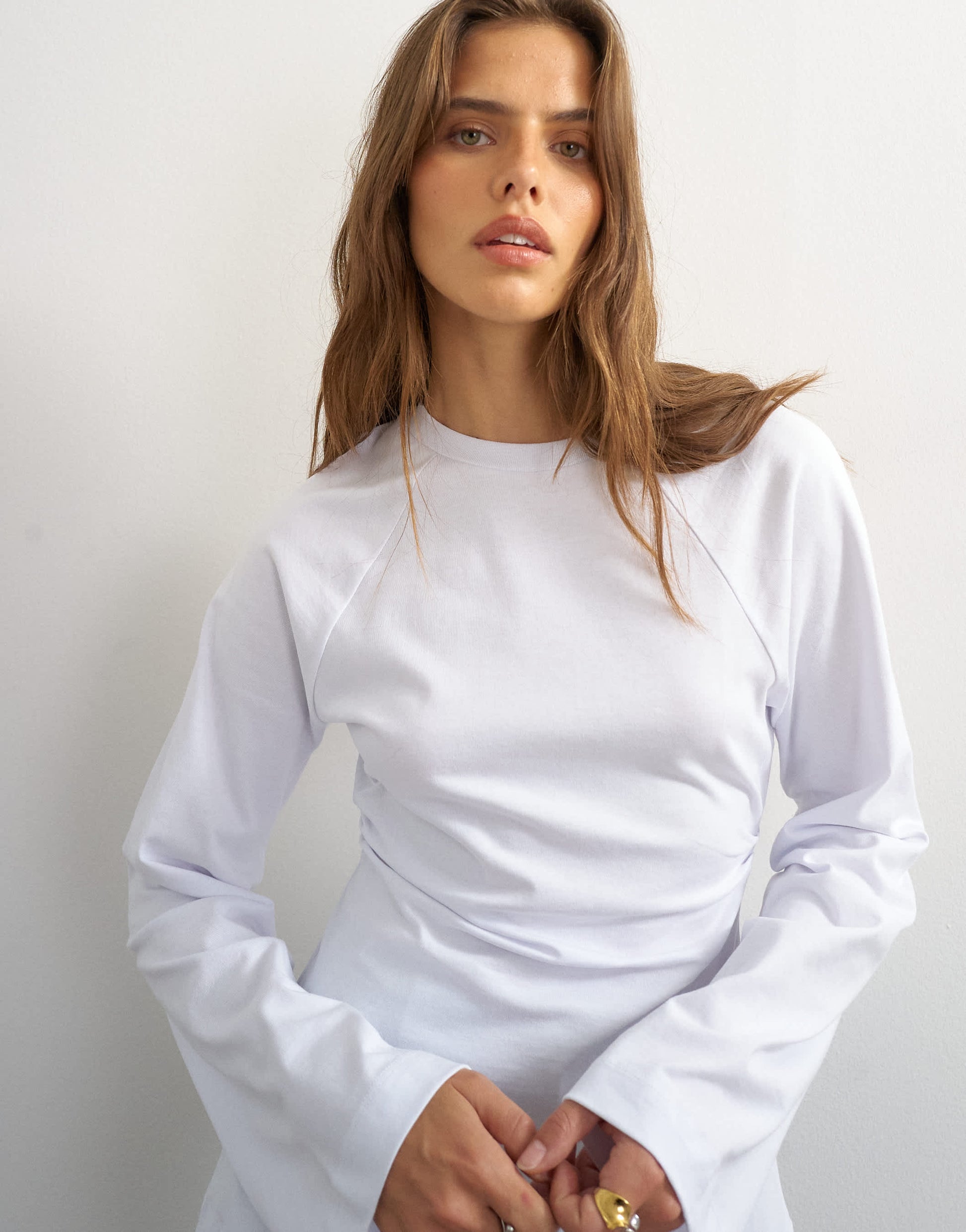 Topshop cinched waist long sleeve raglan t-shirt in white
