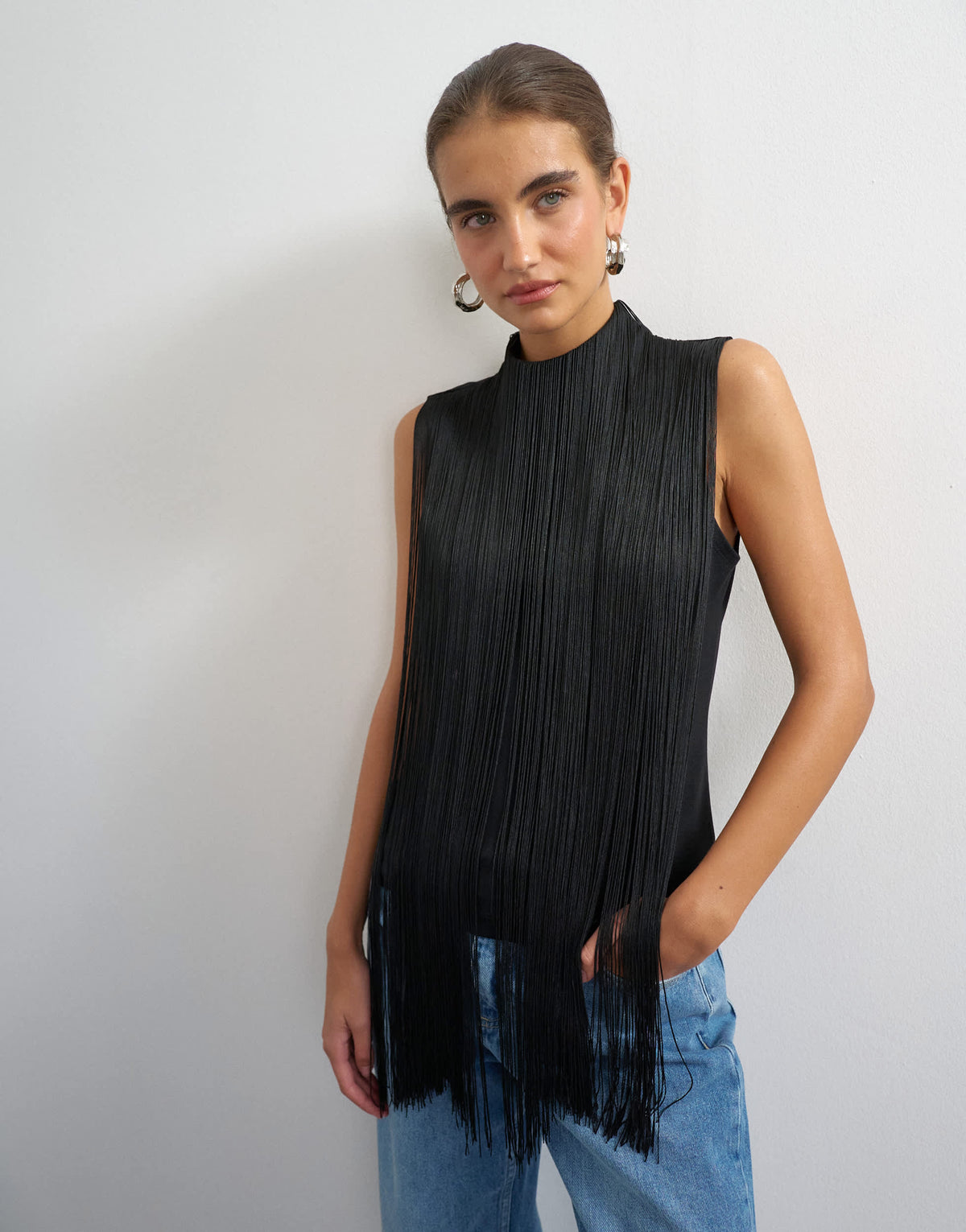 Topshop slash neck sleeveless fringe top in black