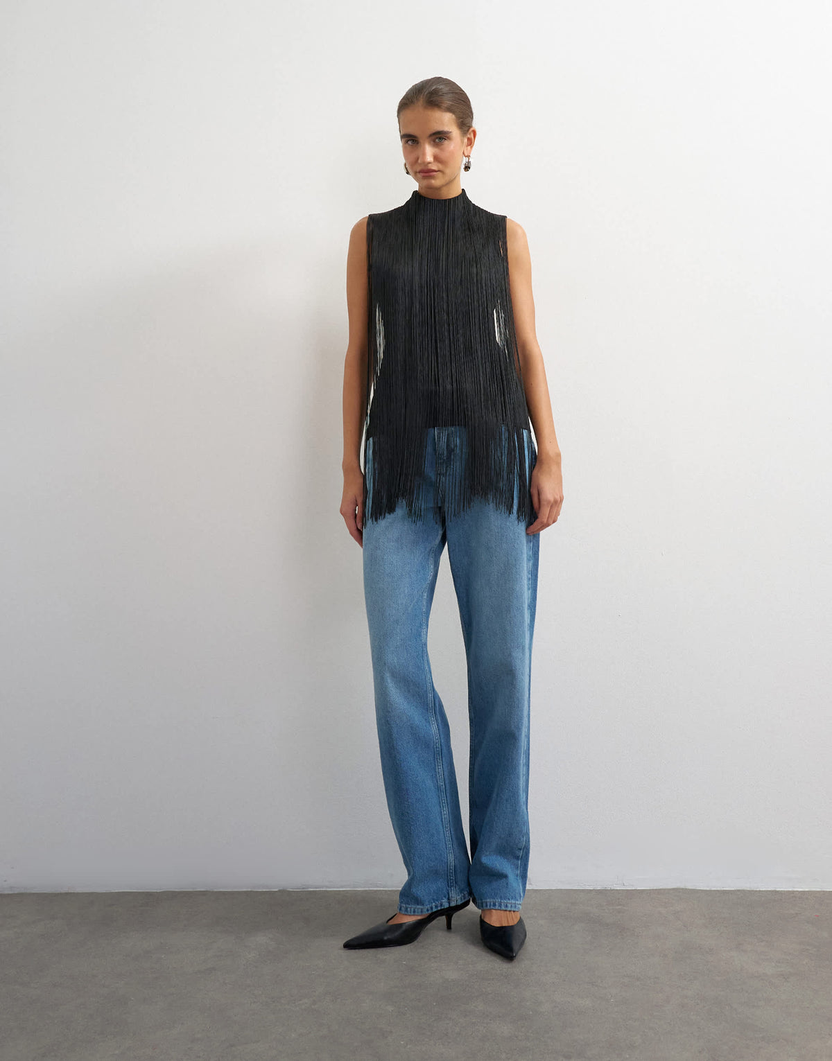 Topshop slash neck sleeveless fringe top in black