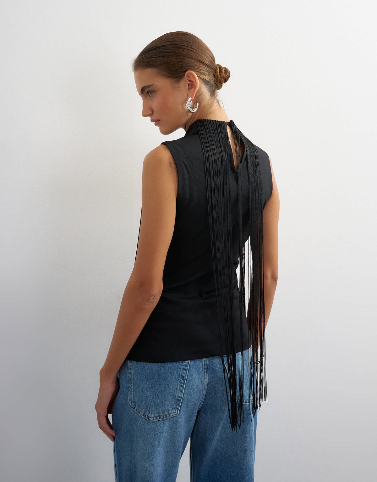 Topshop slash neck sleeveless fringe top in black