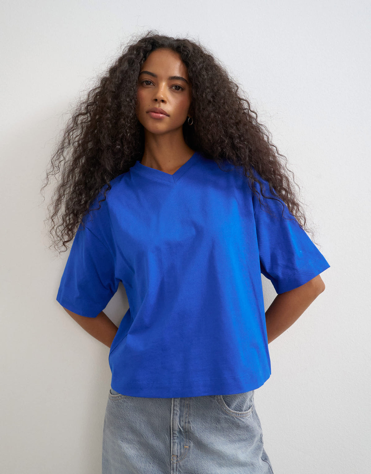 Topshop micro v short sleeve t-shirt in colbalt