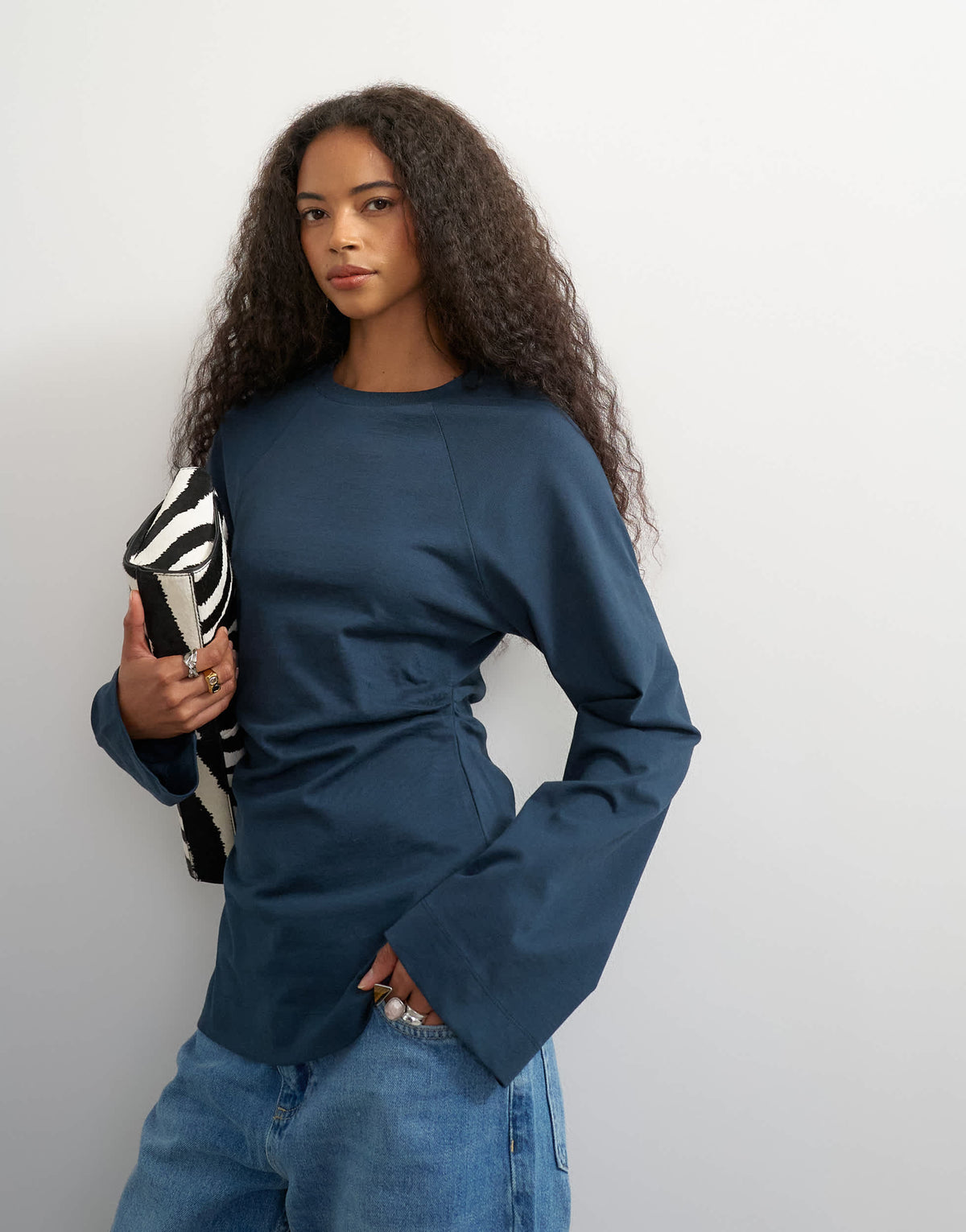 Topshop cinched waist long sleeve raglan t-shirt in grey blue