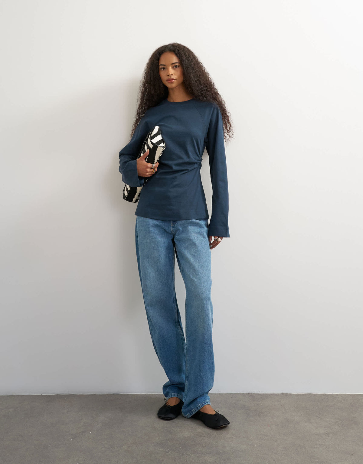 Topshop cinched waist long sleeve raglan t-shirt in grey blue