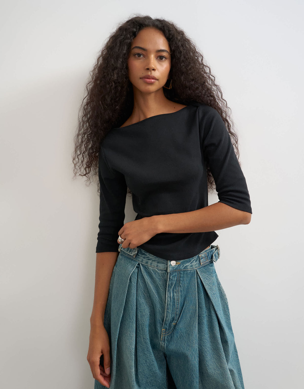 Topshop slash neck curve hem top in black