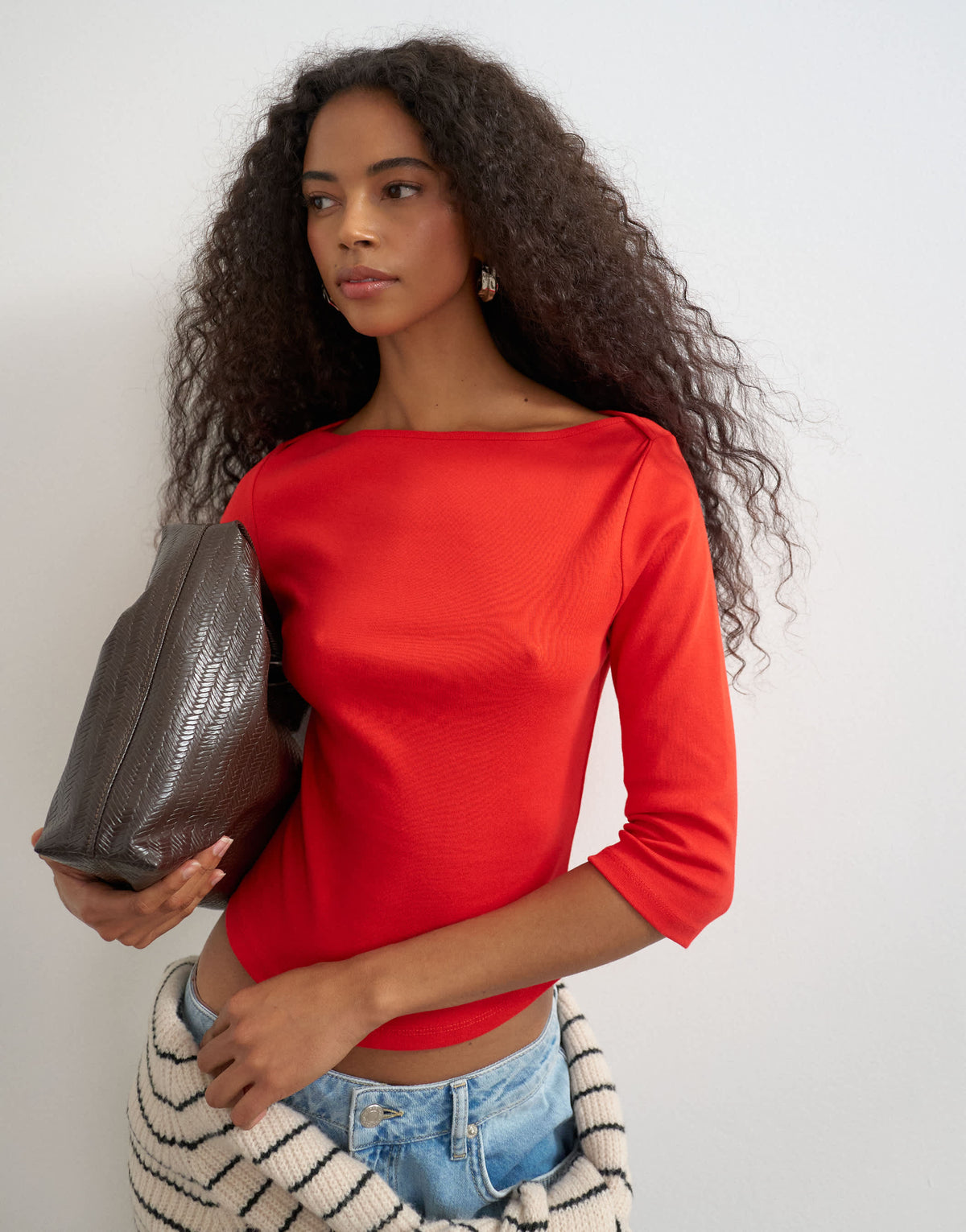 Topshop slash neck curve hem top in red