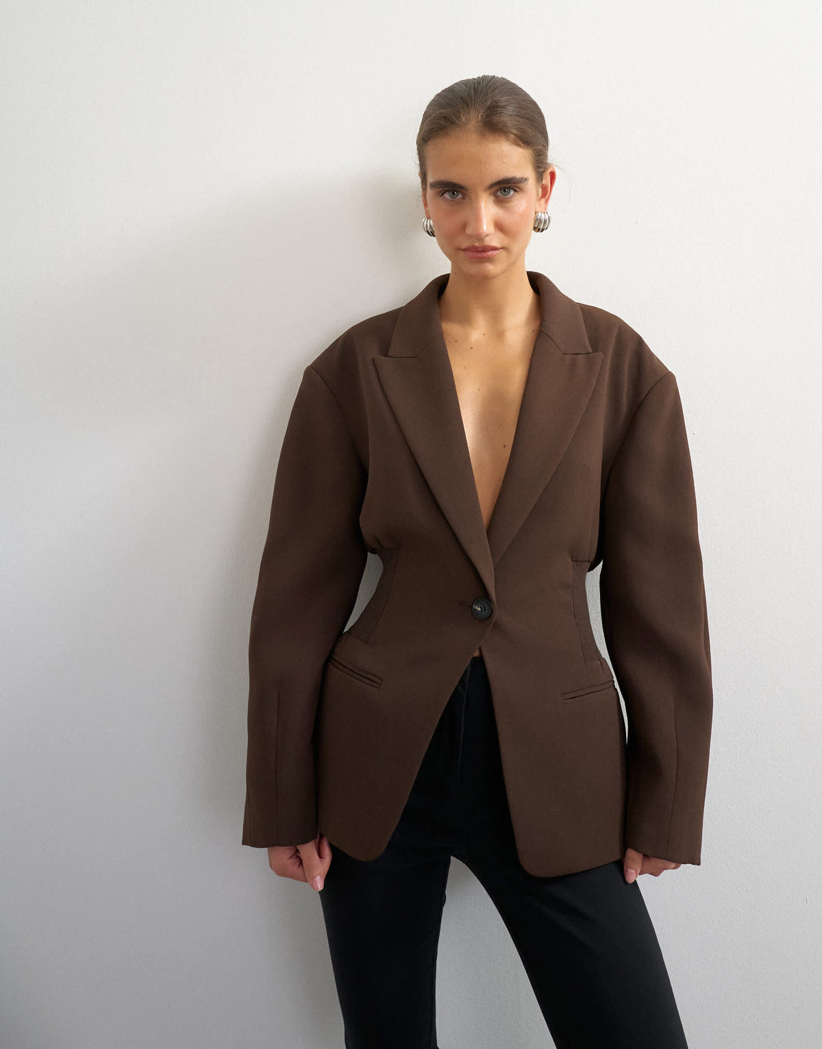 Topshop cinch waist blazer in chocolate