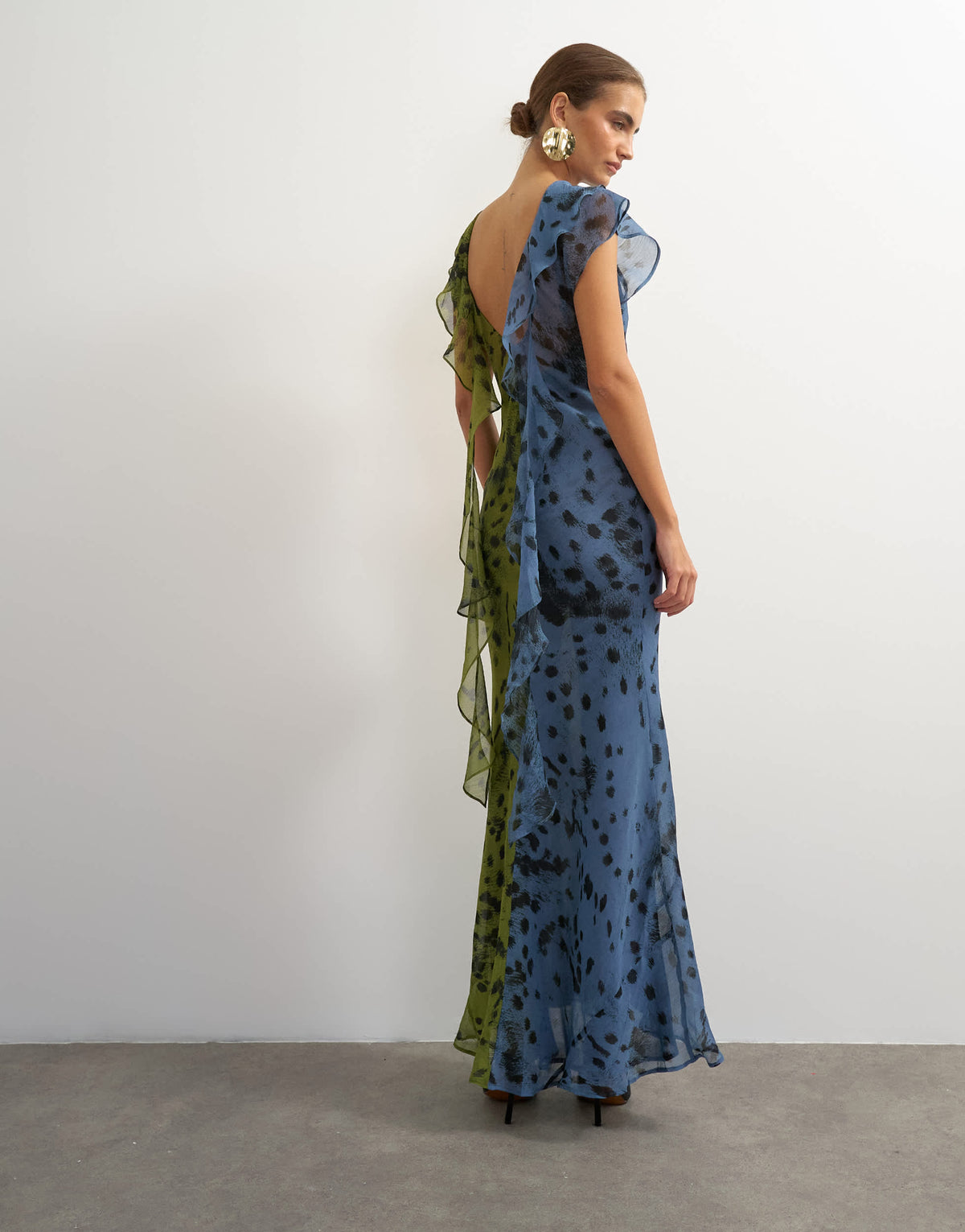 Topshop chiffon scarf detail maxi dress in half and half khaki and blue abstract spot print