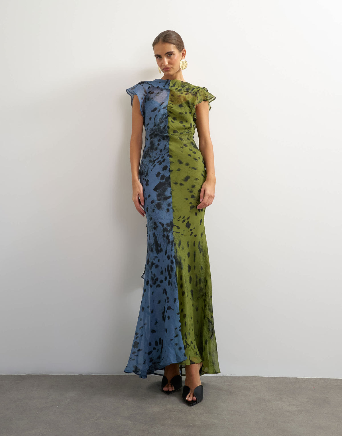 Topshop chiffon scarf detail maxi dress in half and half khaki and blue abstract spot print