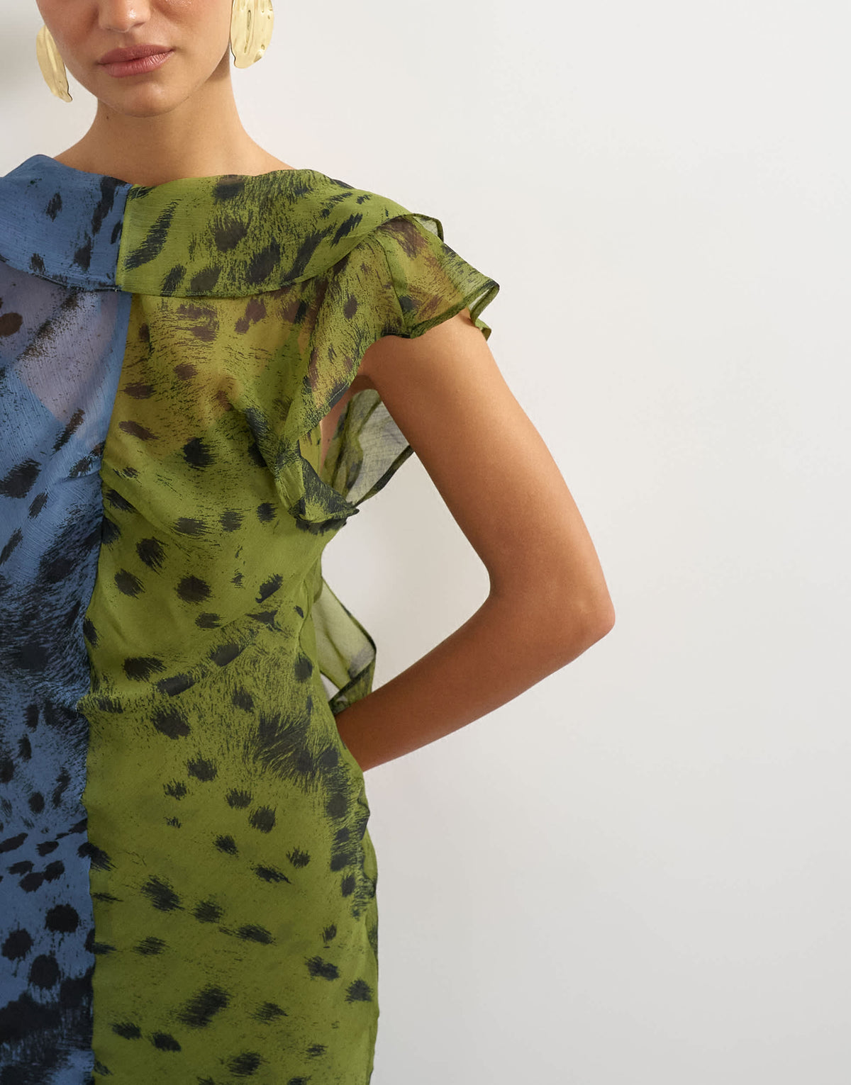 Topshop chiffon scarf detail maxi dress in half and half khaki and blue abstract spot print