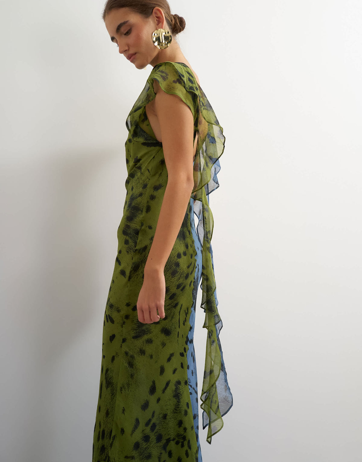 Topshop chiffon scarf detail maxi dress in half and half khaki and blue abstract spot print