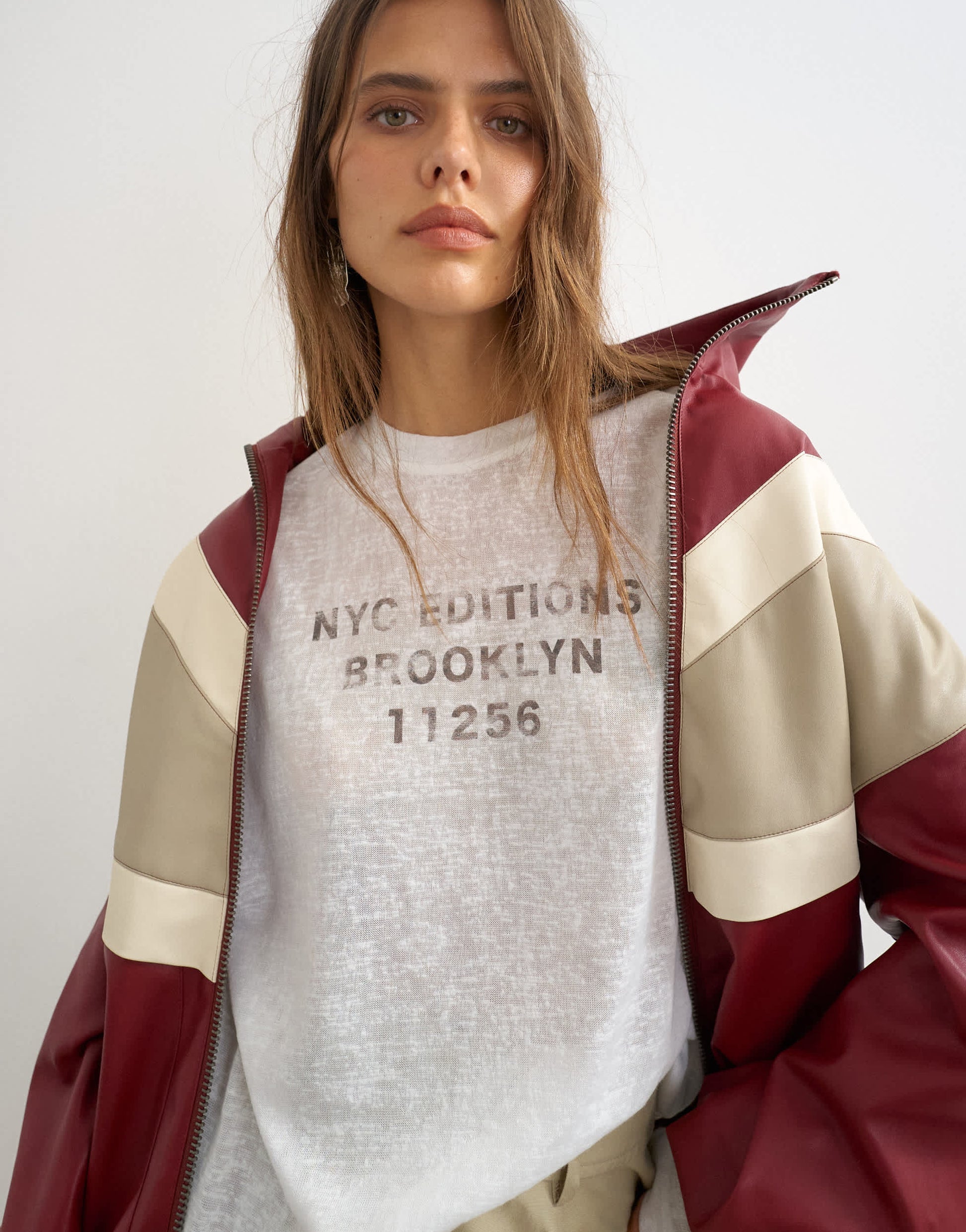 Topshop sheer slubby graphic 'NYC' long sleeve top in ecru