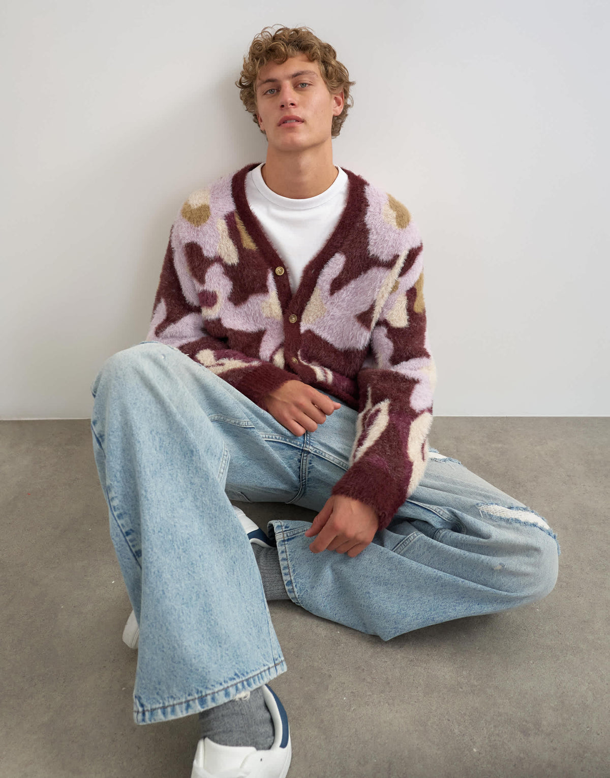 Topman relaxed fit fluffy floral cardigan in burgundy