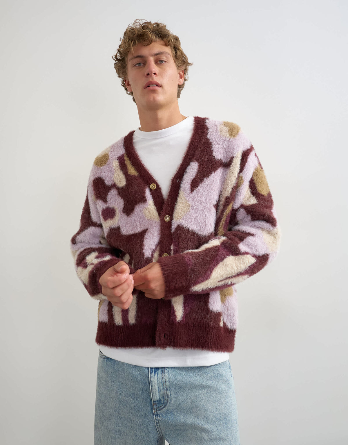 Topman relaxed fit fluffy floral cardigan in burgundy