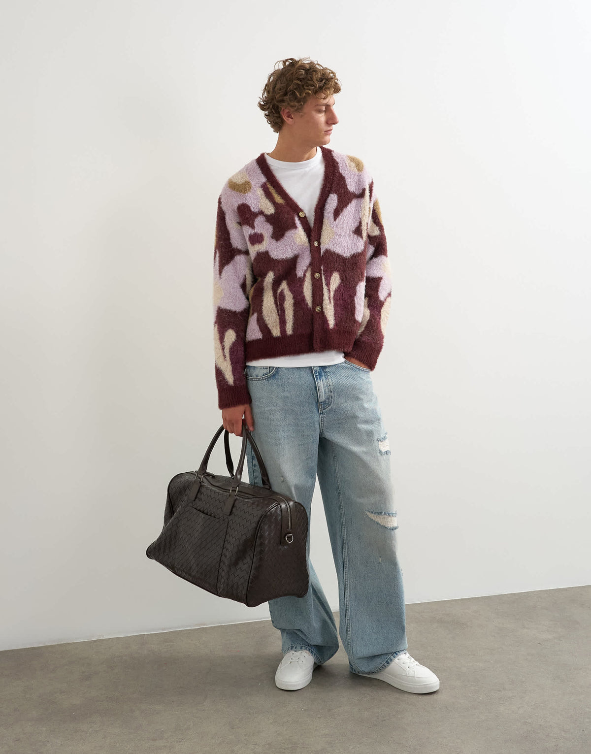 Topman relaxed fit fluffy floral cardigan in burgundy