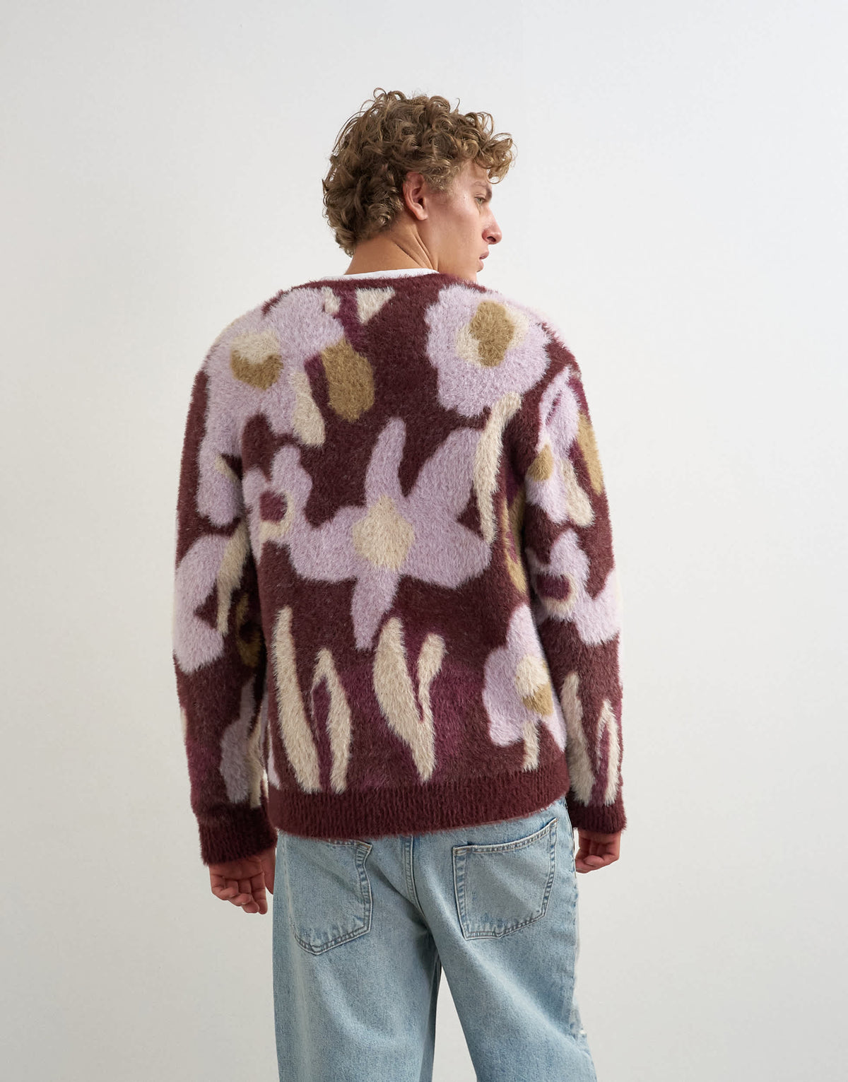 Topman relaxed fit fluffy floral cardigan in burgundy