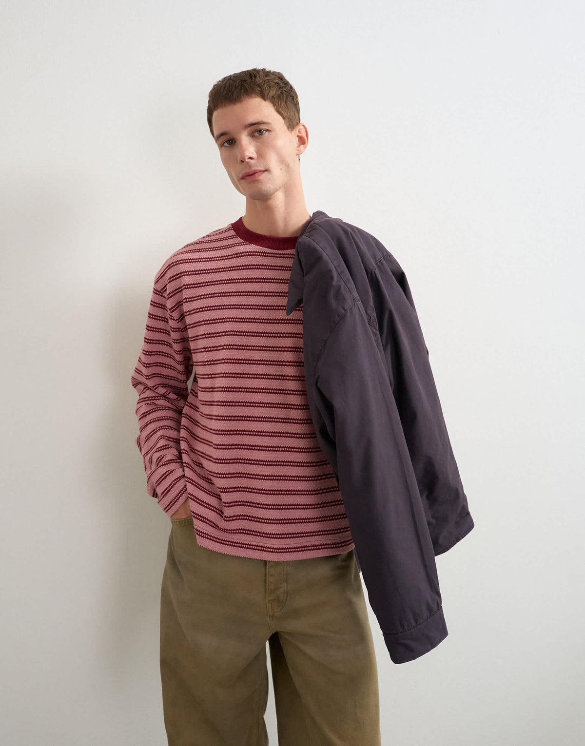 Topman relaxed fit crop long sleeve t-shirt with textured stripe in pink