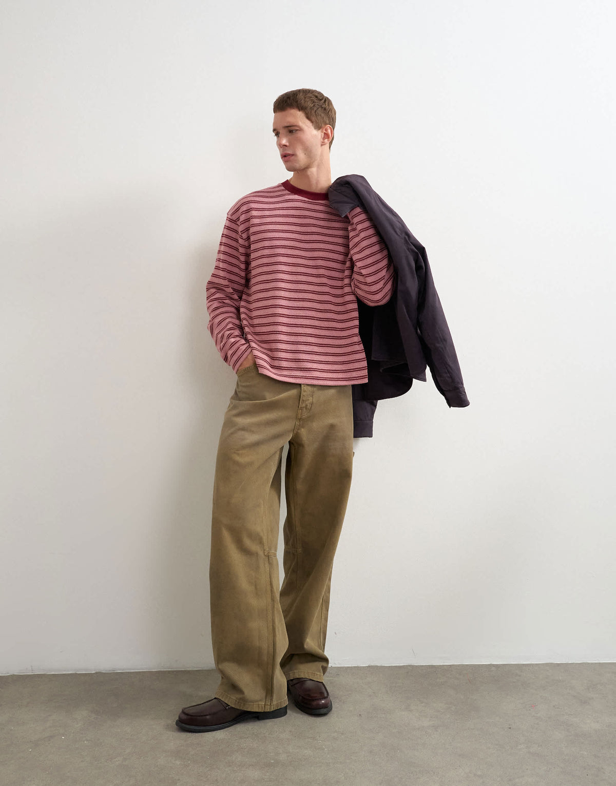Topman relaxed fit crop long sleeve t-shirt with textured stripe in pink