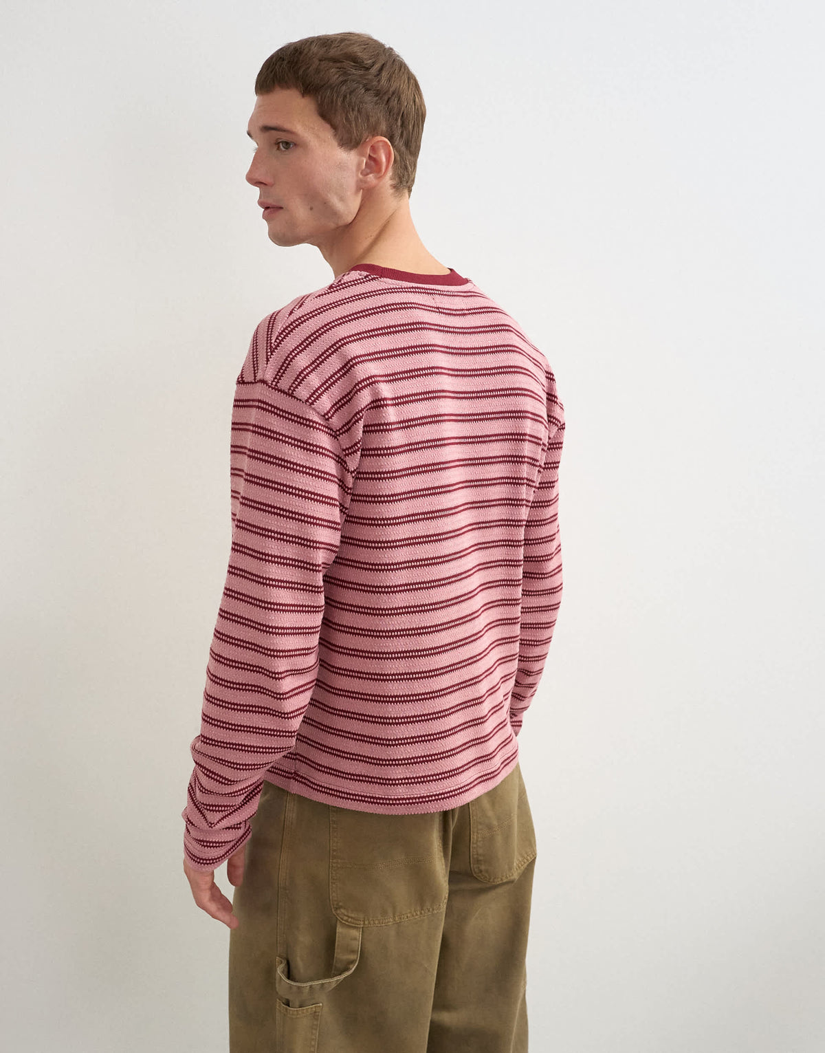 Topman relaxed fit crop long sleeve t-shirt with textured stripe in pink