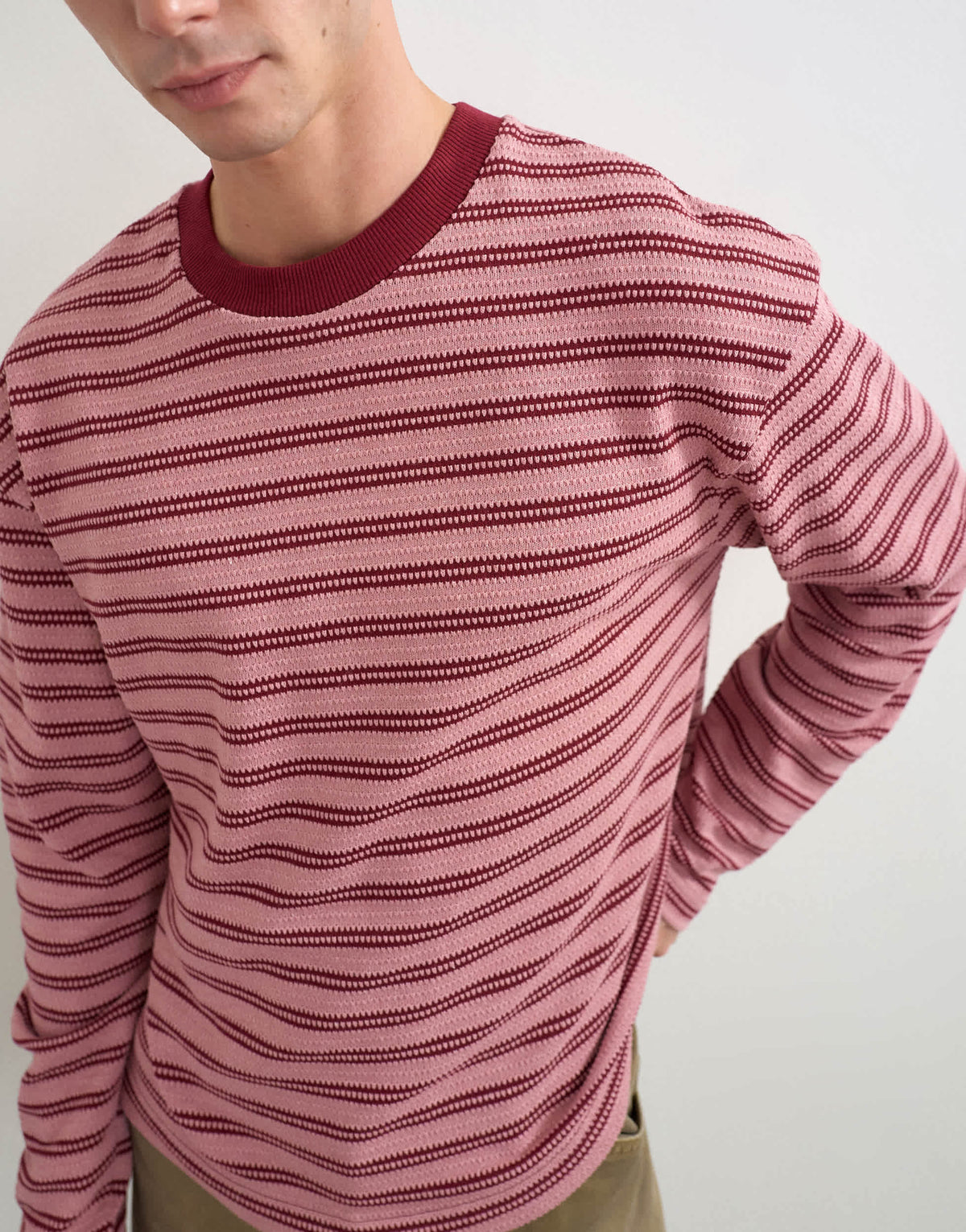 Topman relaxed fit crop long sleeve t-shirt with textured stripe in pink