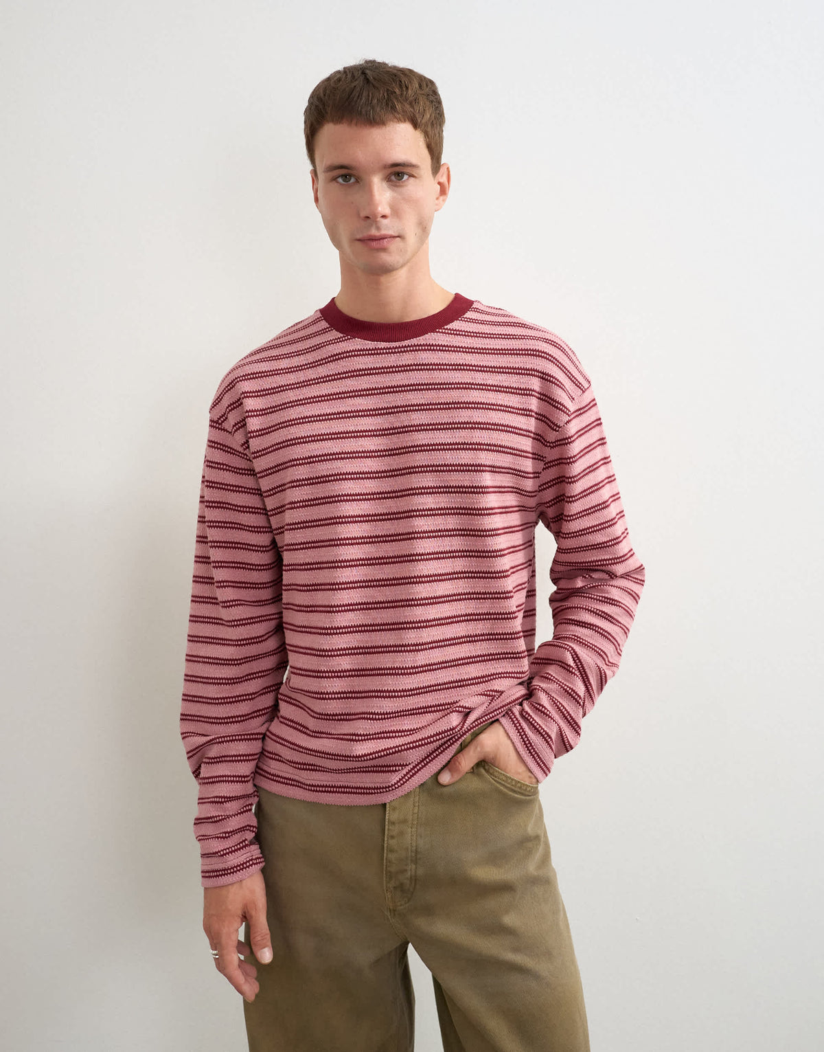 Topman relaxed fit crop long sleeve t-shirt with textured stripe in pink