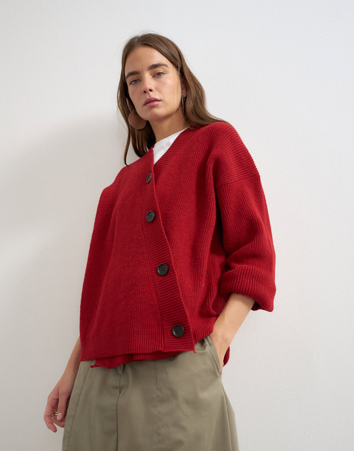 Topshop knitted asymmetric placket cardigan in red