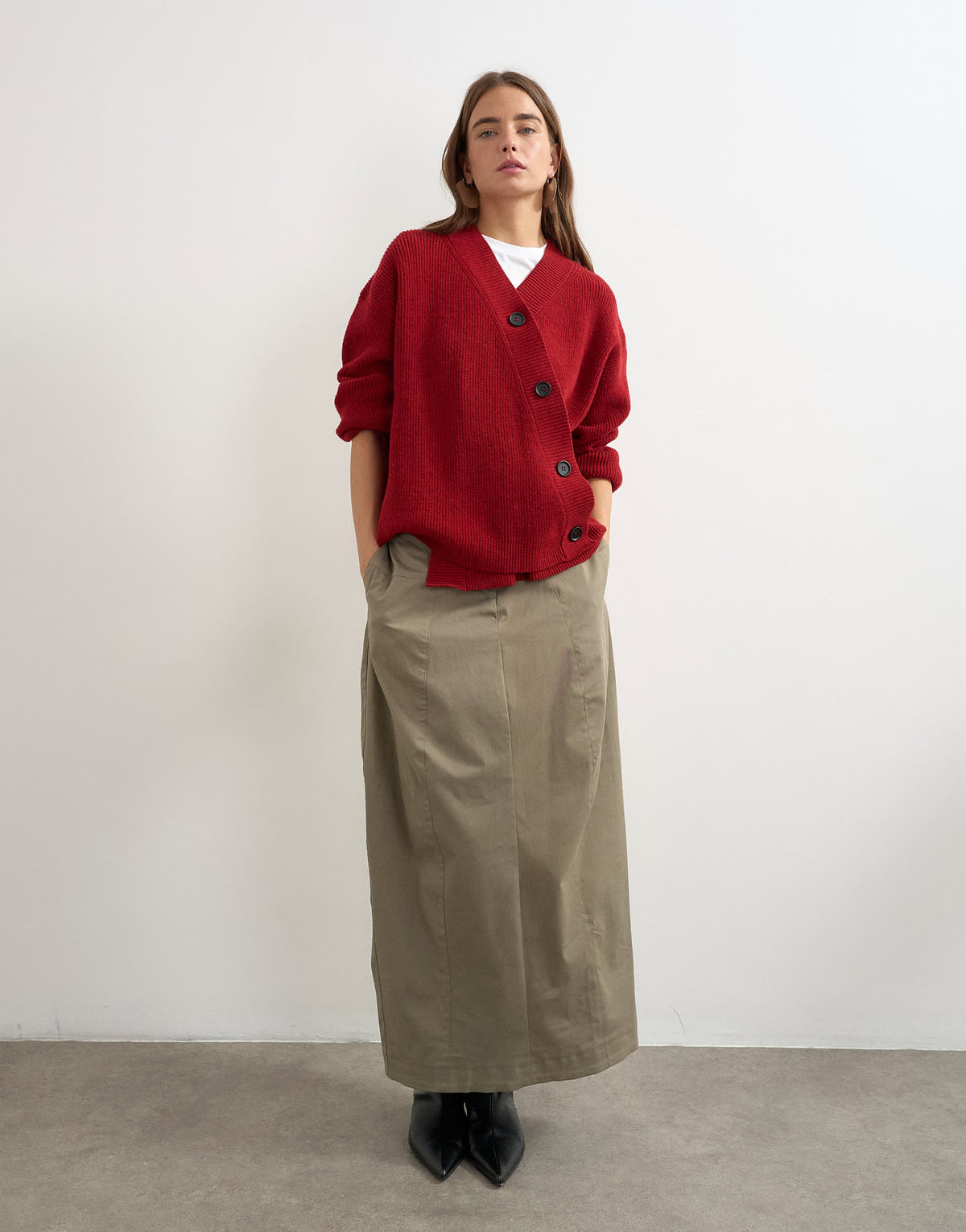Topshop knitted asymmetric placket cardigan in red