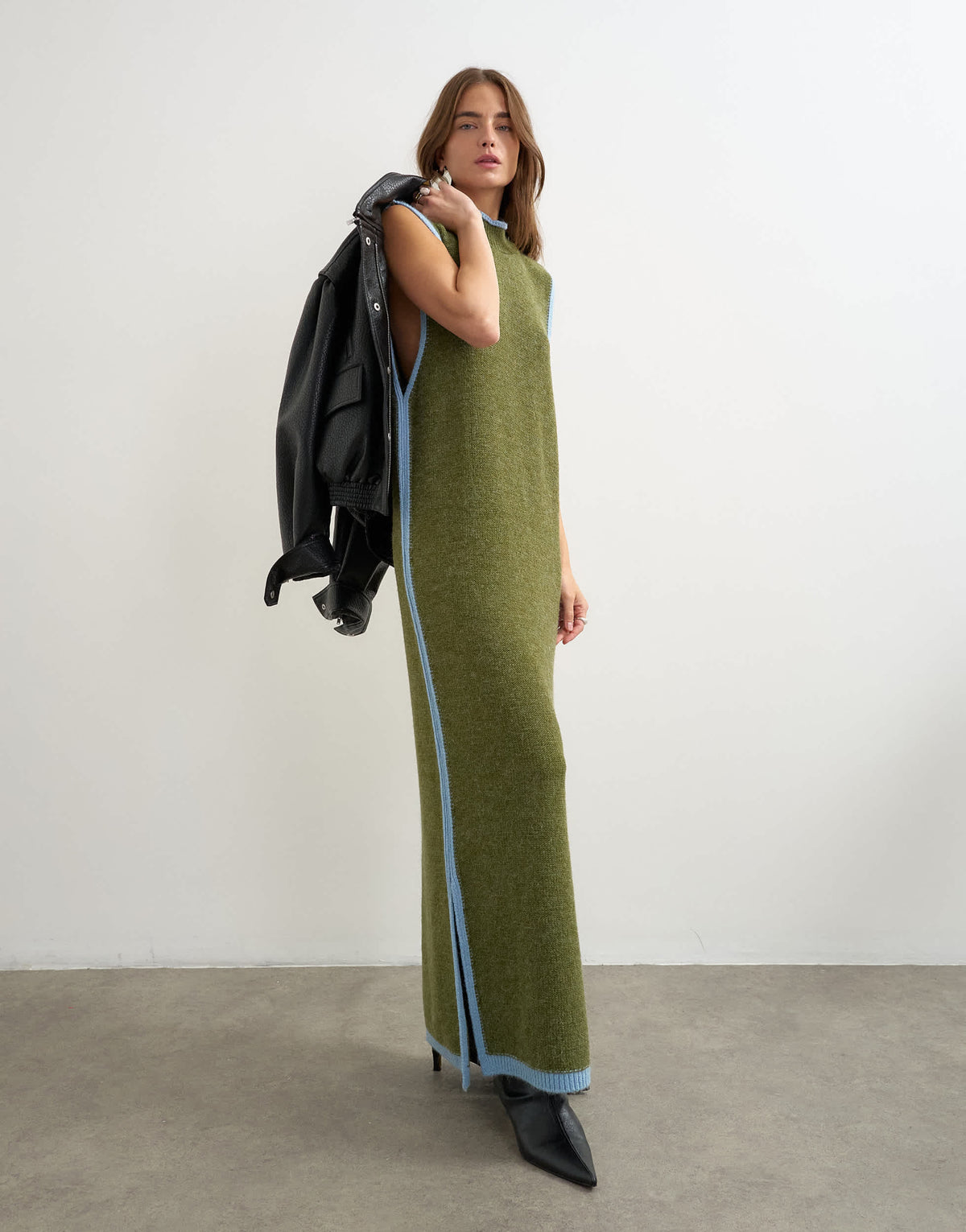 Topshop knitted high neck sleeveless tunic maxi dress in olive