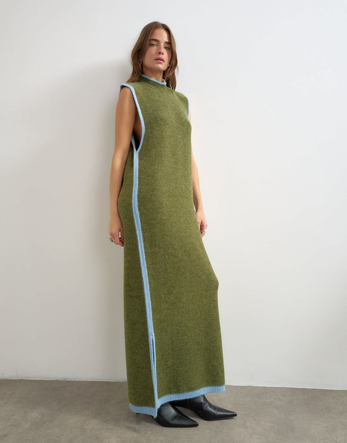 Topshop knitted high neck sleeveless tunic maxi dress in olive