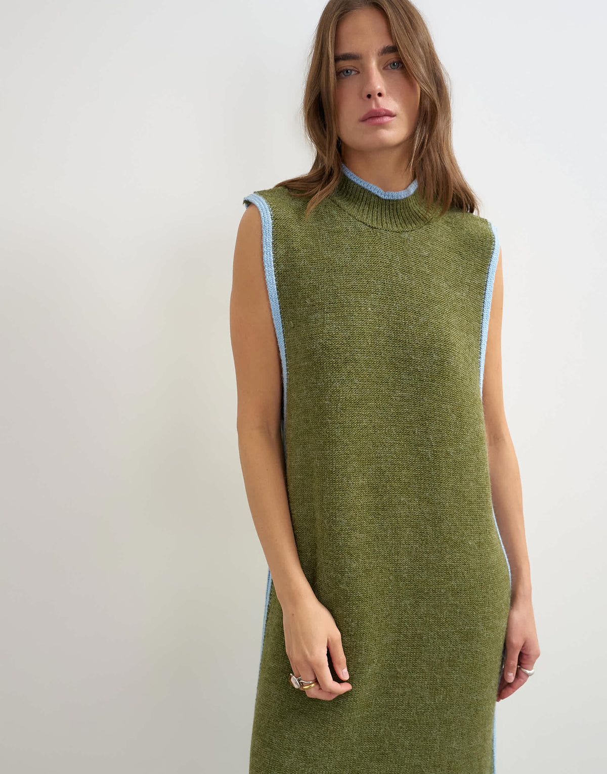 Topshop knitted high neck sleeveless tunic maxi dress in olive