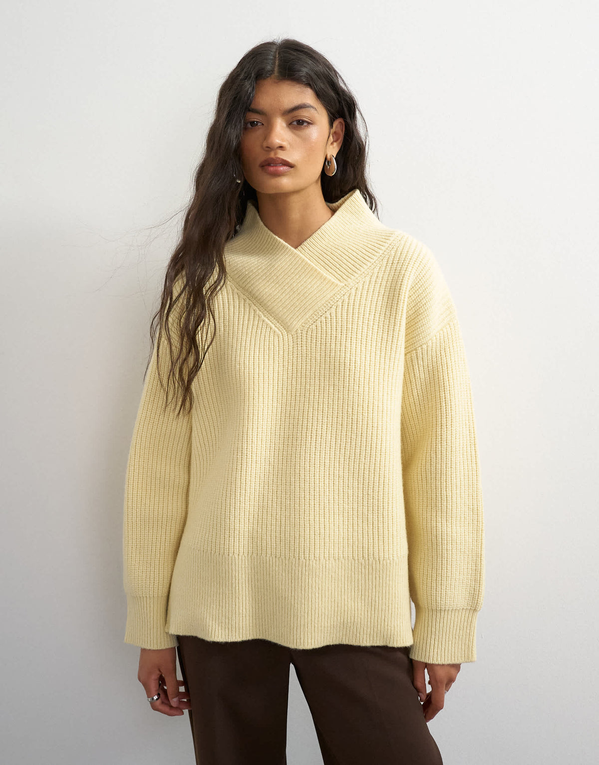 Topshop knitted premium pure lambswool high v neck jumper in yellow
